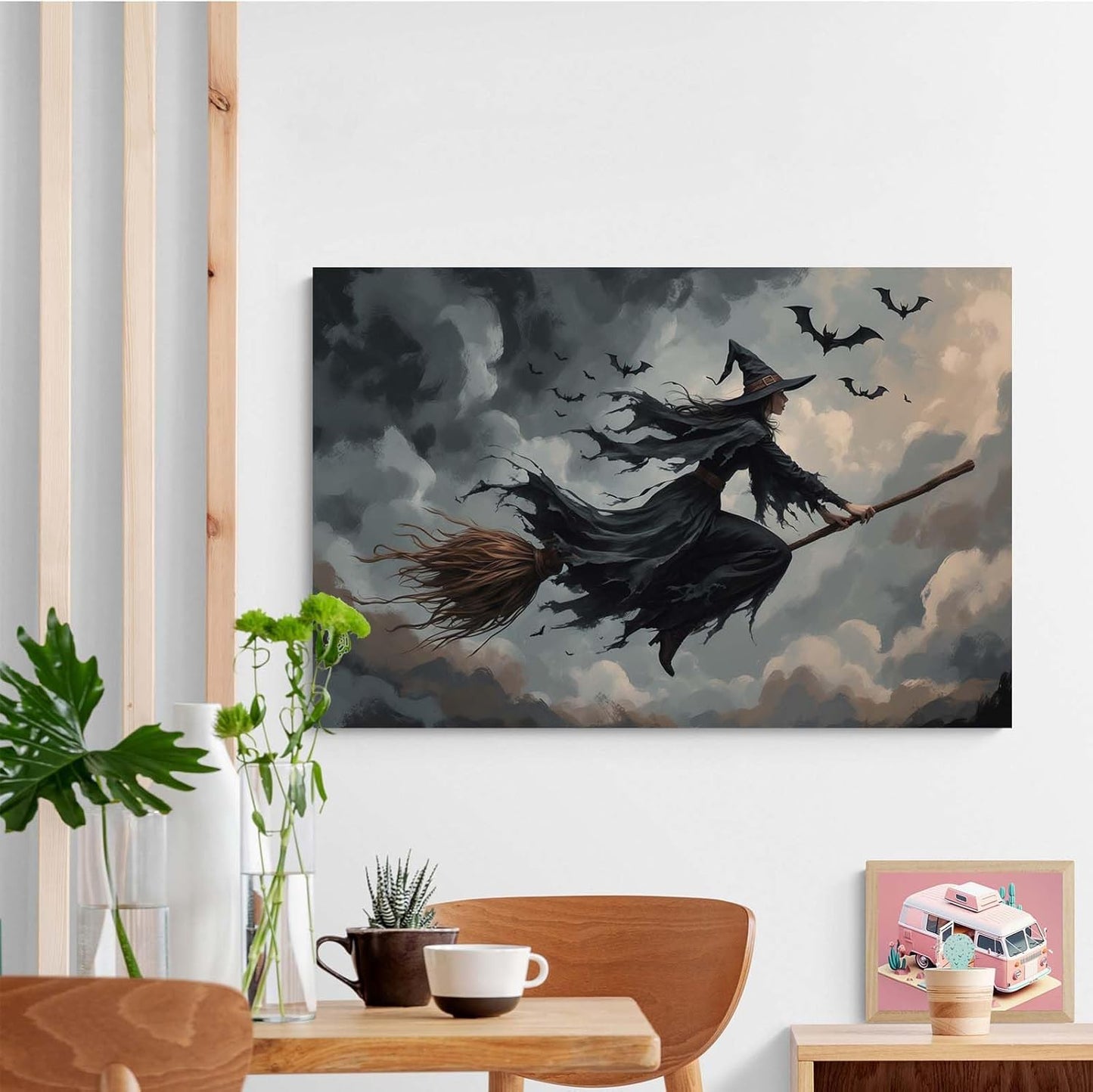 JFHCQJPK Witch and bat flying Halloween poster suitable for home party wall decoration retro Halloween preppy style wall art canvas print suitable for room decoration24x36in Frameless