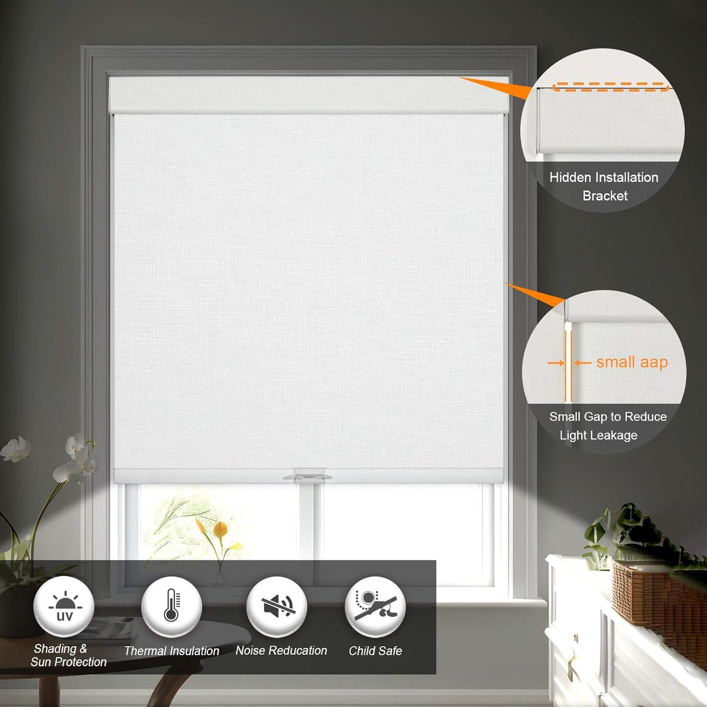 Persilux Blackout Roller Shades & Blinds Windows Shades Free-Stop Blackout Blinds with Jacquard Fabric,Cordless Blinds Pull Down Shades for Home, Easy to Install for Door/Office, White(34.5"W x 84"H)