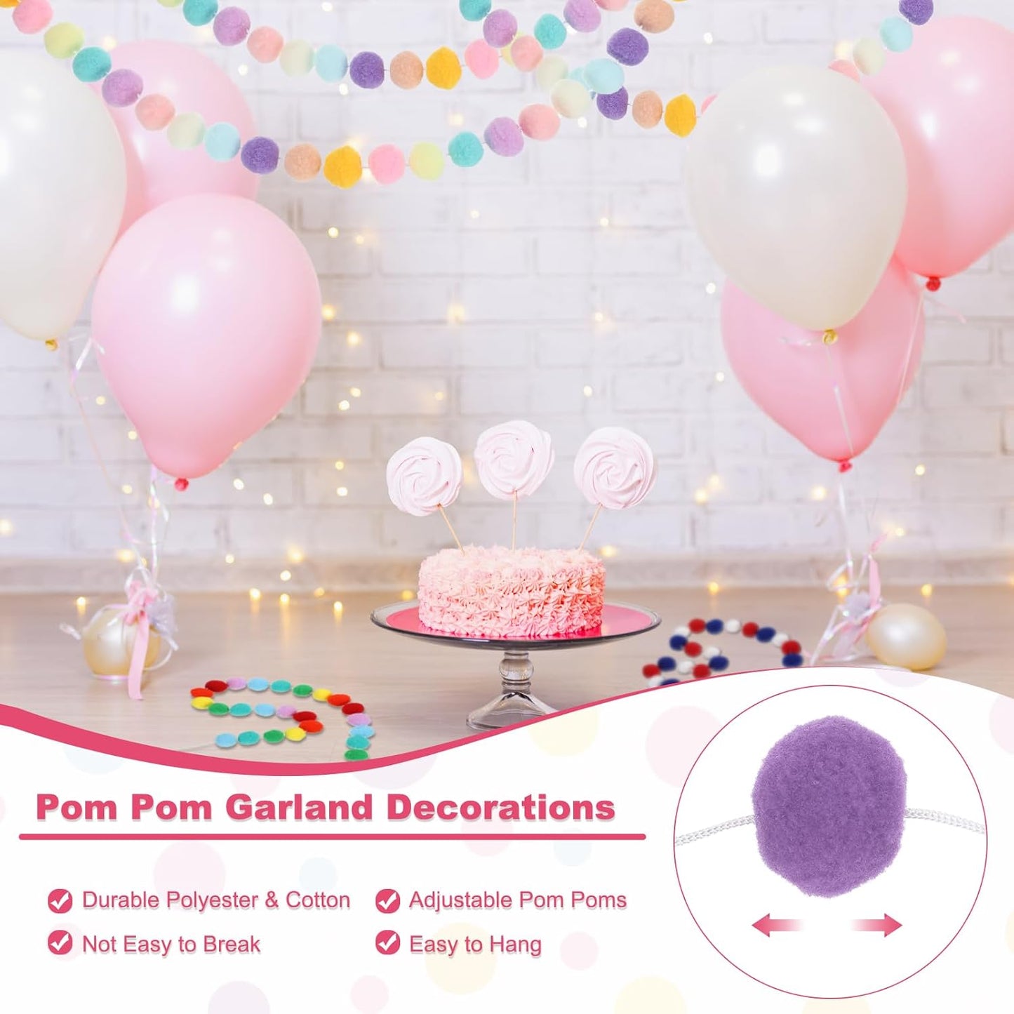 PATIKIL 13Ft Pom Pom Garland Decorations, 2Pcs Colorful Felt Ball Garland Banner Cute Rainbow Pompom Hanging Decorations for Tree Ornaments Homes Decor, 10 Colors