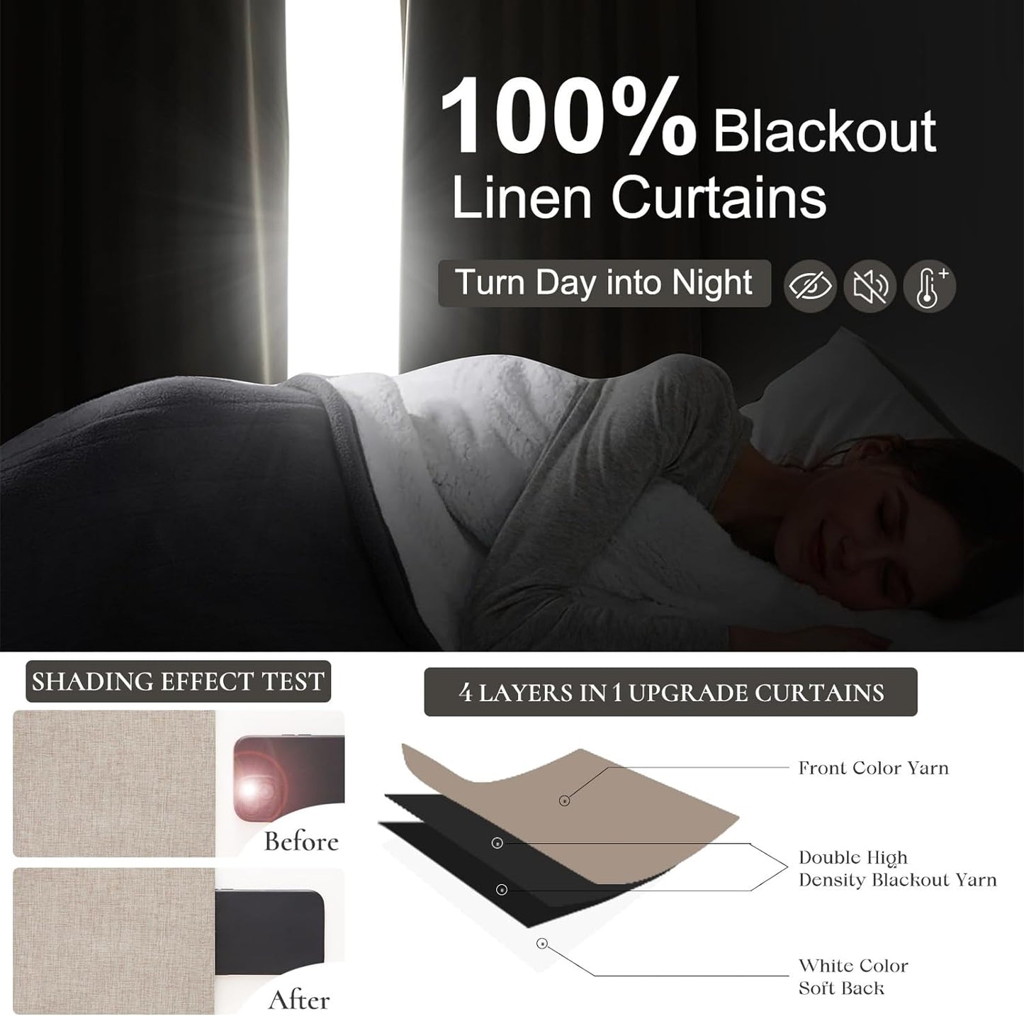 Linen Drapes Textured Boho 100% Blackout Curtains 86 inch Length 2 Panels Set Thermal Insulated Country Window Curtain for Living Room/Bedroom Darkening Pinch Pleated Back Tab Rustic Farmhouse