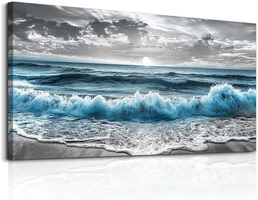 ZUITINGHUA Large Wall Decor For Living Room Canvas Wall Art For Office Modern Wall Decorations For Bedroom Sea Wave Landscape Painting Black And White Pictures Artwork Room Home Decor 24x48 In