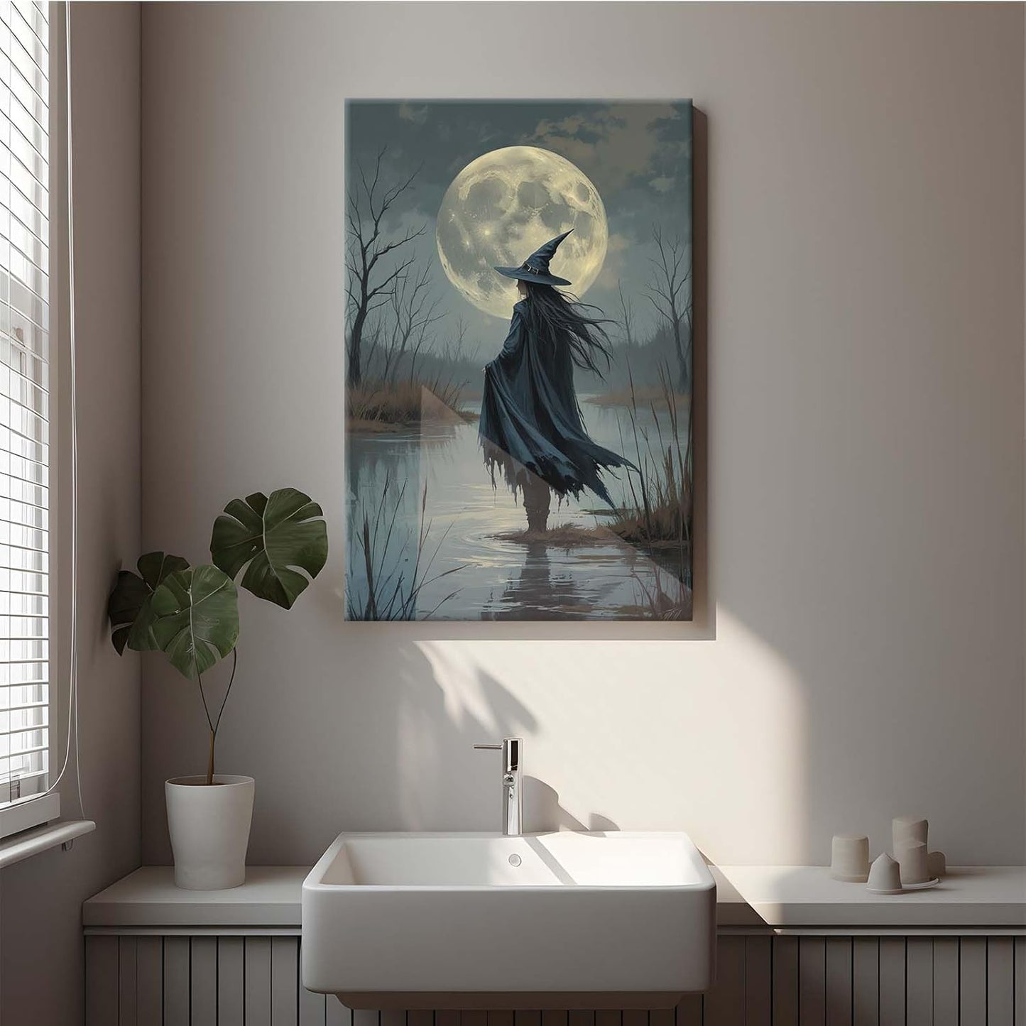 JFHCQJPK Witch in the moonlight magic canvas wall art enchanting Halloween home decor swamp witch silhouette oil painting mysterious gothic aesthetic wall decor print poster12x16in Frameless
