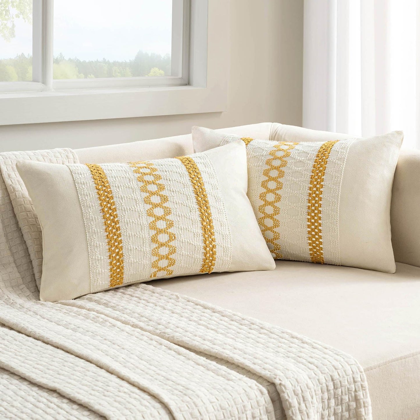 MIULEE Set of 2 Mustard Yellow Boho Decorative Lumbar Pillow Covers 12x20 Inch Farmhouse Rustic Couch Throw Pillows Modern Cotton Cushion Covers Retro Cute Macrame Woven Home Decor for Bed Sofa Chair