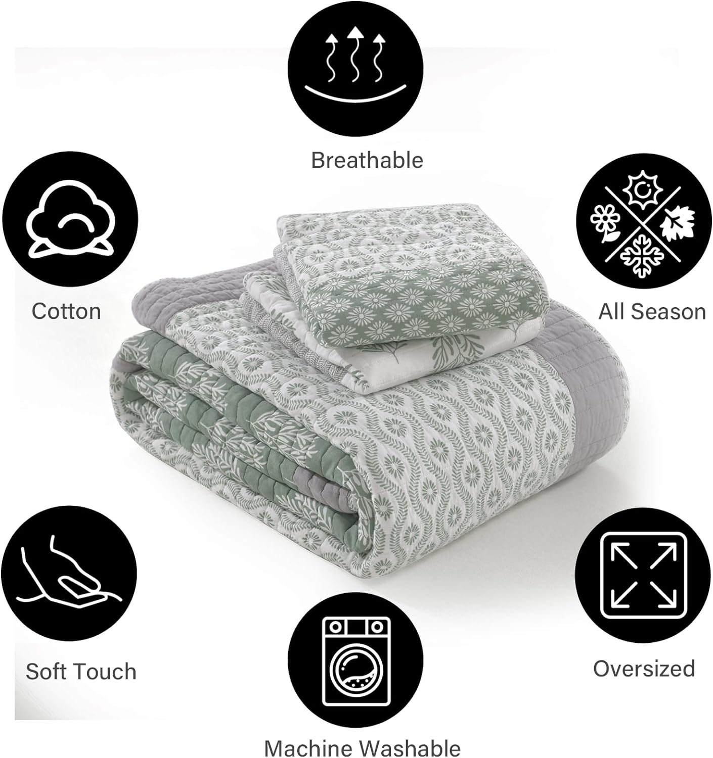 PANGUSHAN Quilt Set King Size, 100% Cotton Bedspread Quilt Bedding Set, Patchwork Reversible Floral Quilt for King Bed, Greyish-Greens Bed Spread, Lightweight Comforter for All Season, 3 Pieces