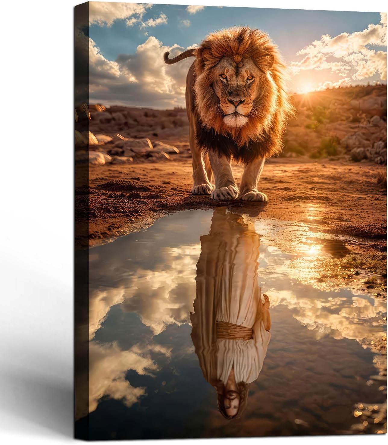 Framed Canvas Wall Painting Lion and Jesus Reflection Religious Poster Inspirational Faith Gallery Picture Print for Living Room and Bedroom Decor 16x24 Inch Ready to Hang