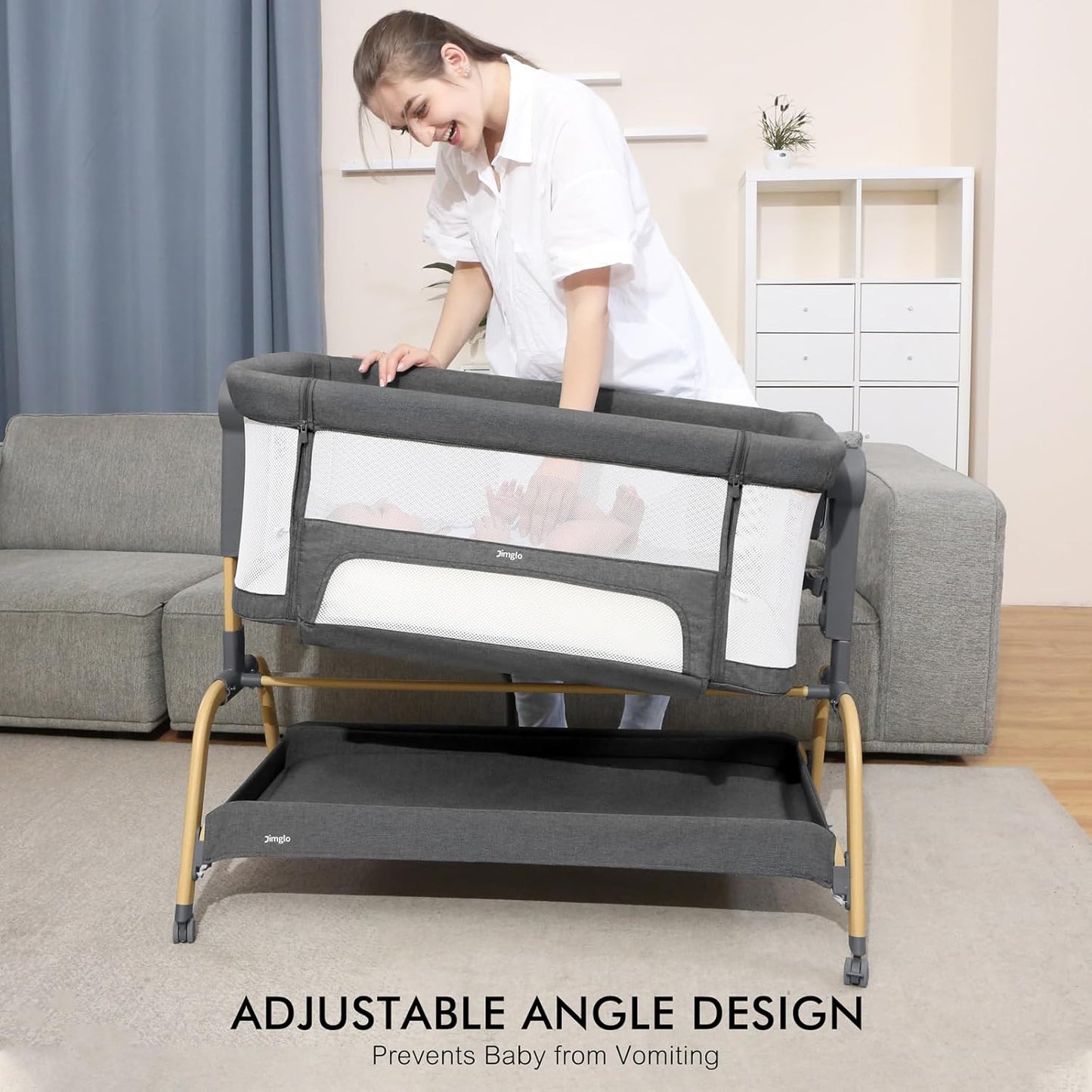 3 in 1 Baby Bassinet, Bedside Bassinet for Baby, Rocking Bassinet with Comfy Mattress and Wheels, 6 Height Adjustable Easy Folding Portable Bedside Crib for Newborn