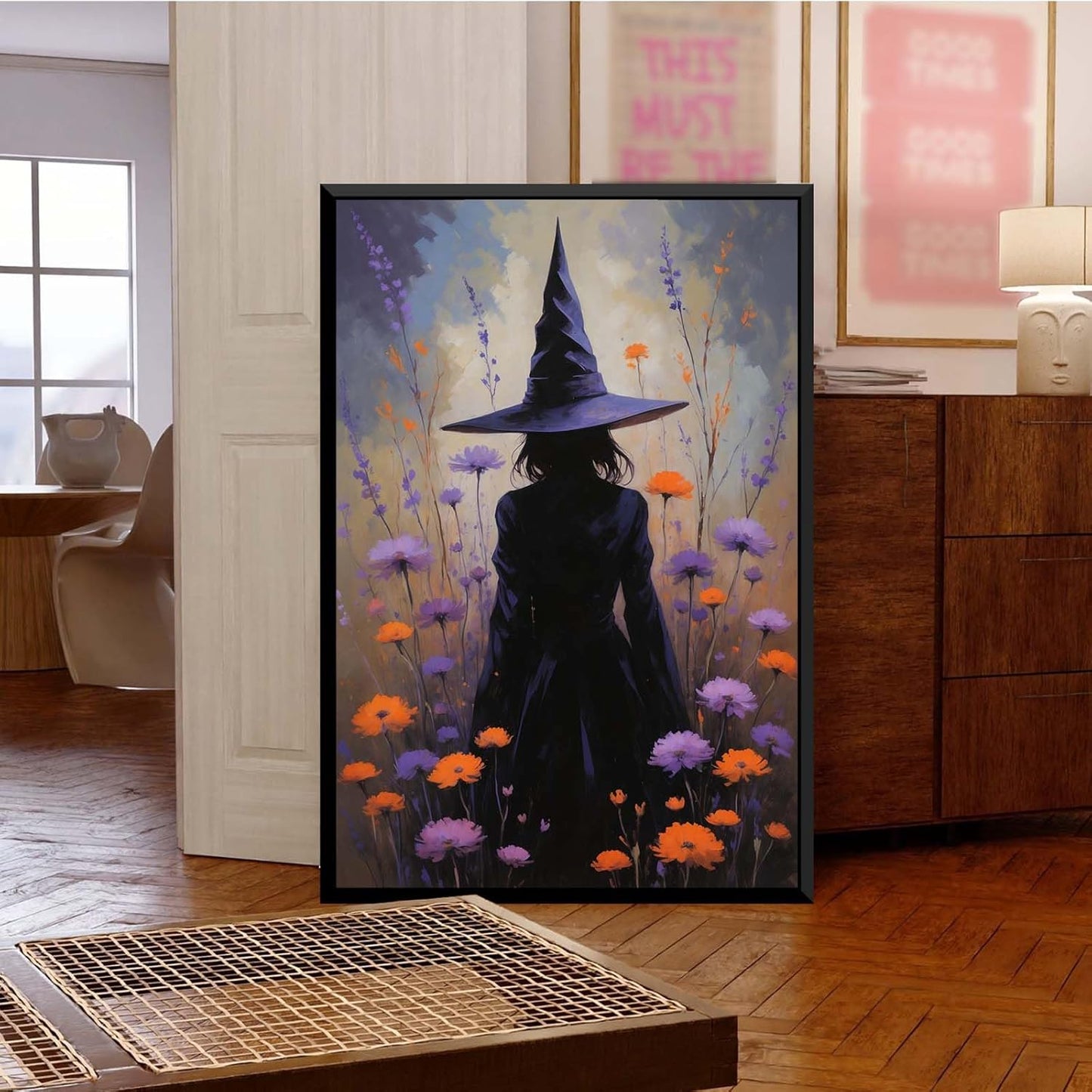 JFHCQJPK Country wildflower witch canvas print halloween mashup art witch purple decoration bohemian elegant art poster16x24in Metal blackFramed