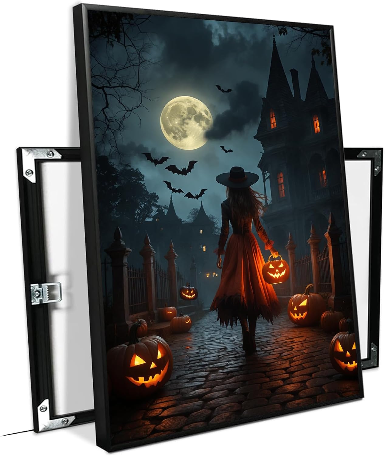 JFHCQJPK Halloween theme poster moonlit autumn night witch vintage poster art print dark college style gothic painting canvas wall decoration bedroom living room ideal gift24x36in Metal blackFramed