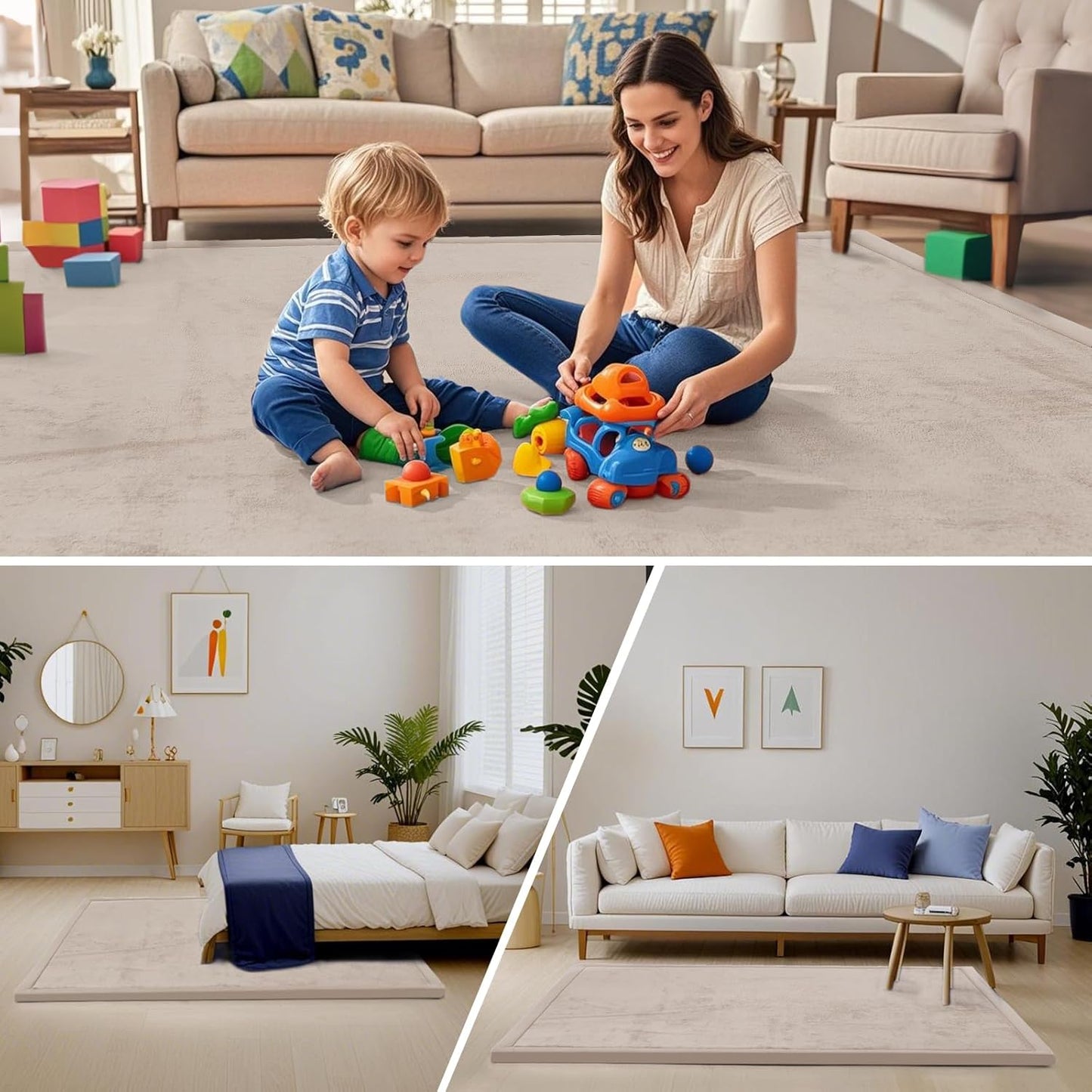 ACOMOPACK Baby Play Mat for Floor,1.3" Thick Memory Foam Area Rug for Living Room,Soft Velvet Crawling with Non-Slip Bottom for Kid,Toddler,71"×79" Tummy Time Nursery Rugs,Yoga（Beige）