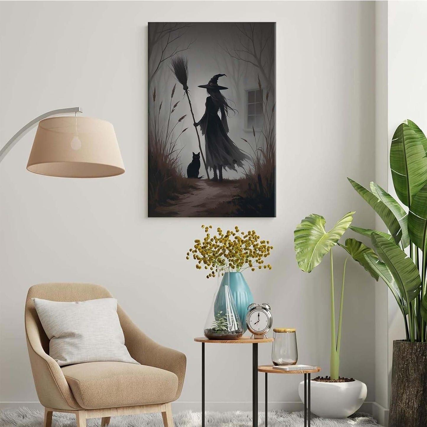 JFHCQJPK Vintage forest witch and black cat poster Halloween mural poster decoration mural art magic suitable for home living room bedroom20x30in Frameless