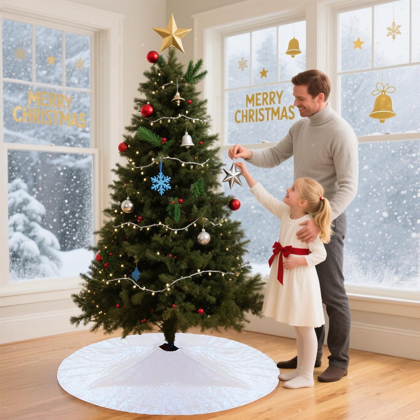 Eternal Beauty Christmas Tree Skirt, 50 Inch White Iridescent Sequin Tree Skirt Small Xmas Tree Skirt for Christmas Tree Decorations