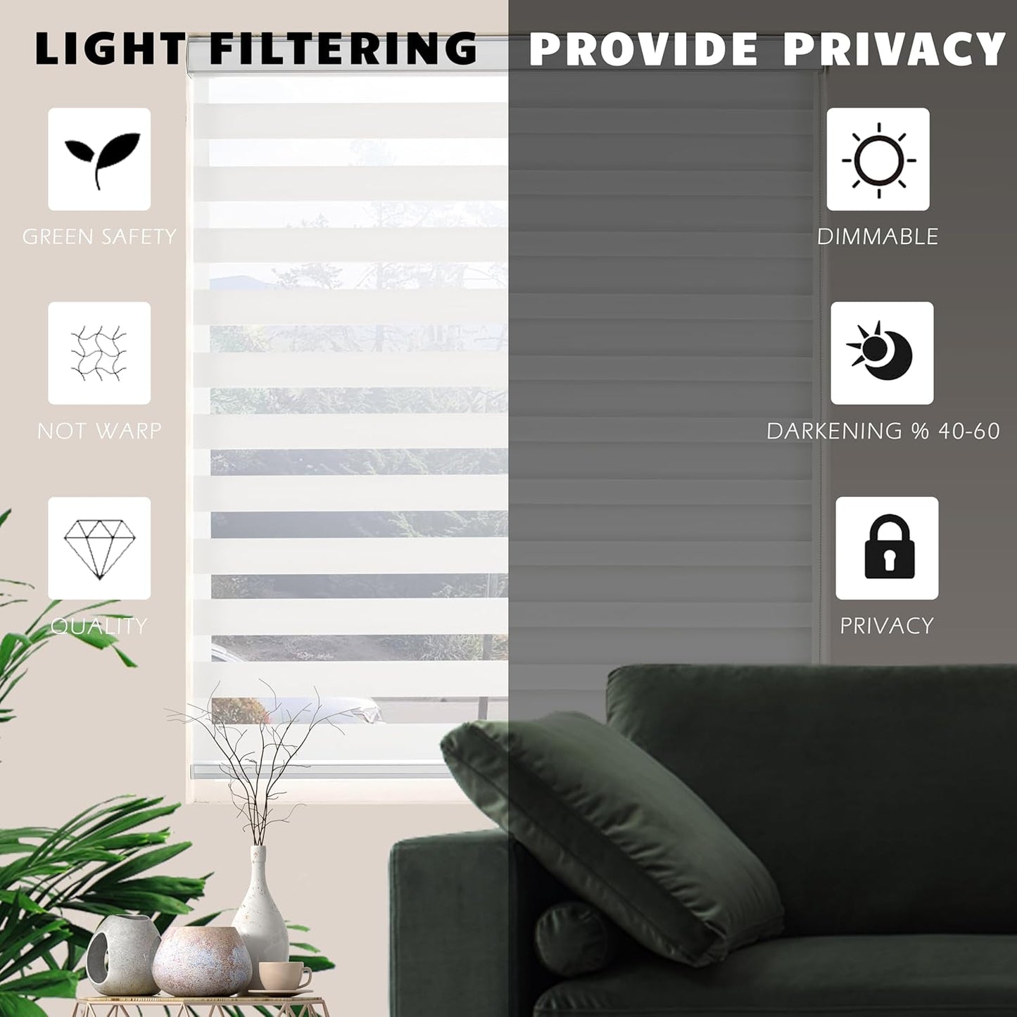 Zebra Blinds for Windows Dual Layer Light Filtering Privacy Free-Stop Sheer Shades Light Control for Indoor Windows Zebra Shades for Living Room(65" W X 72" H, White)