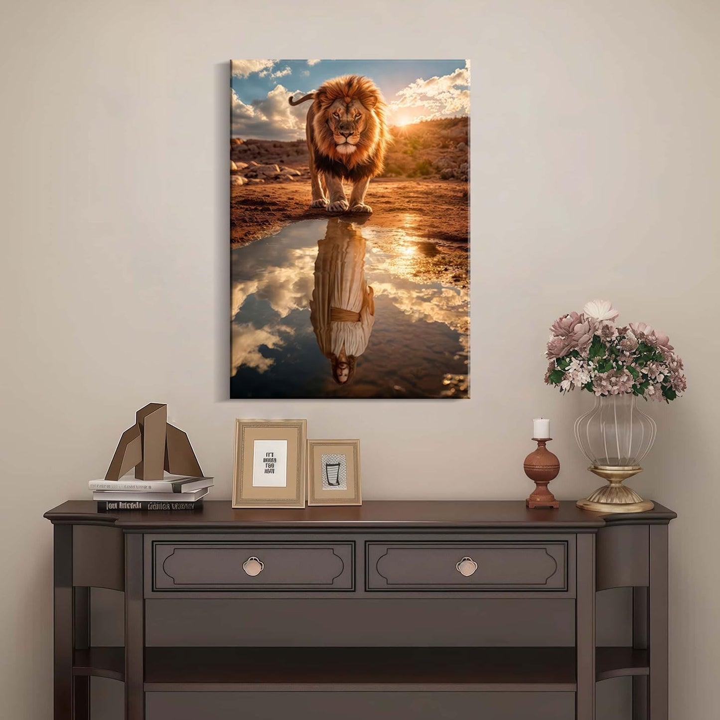 Framed Canvas Wall Painting Lion and Jesus Reflection Religious Poster Inspirational Faith Gallery Picture Print for Living Room and Bedroom Decor 12x16 Inch Ready to Hang