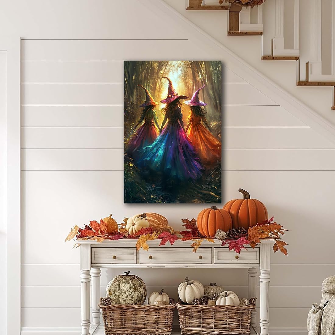 Halloween Room Decor Wall Art Colorful Witch Prints,Vintage Three Colorful Witches in Forest Halloween Posters,Fall Fantasy Aesthetic Pictures Playful Art Wall Decor for Bedroom,16"x24" Framed