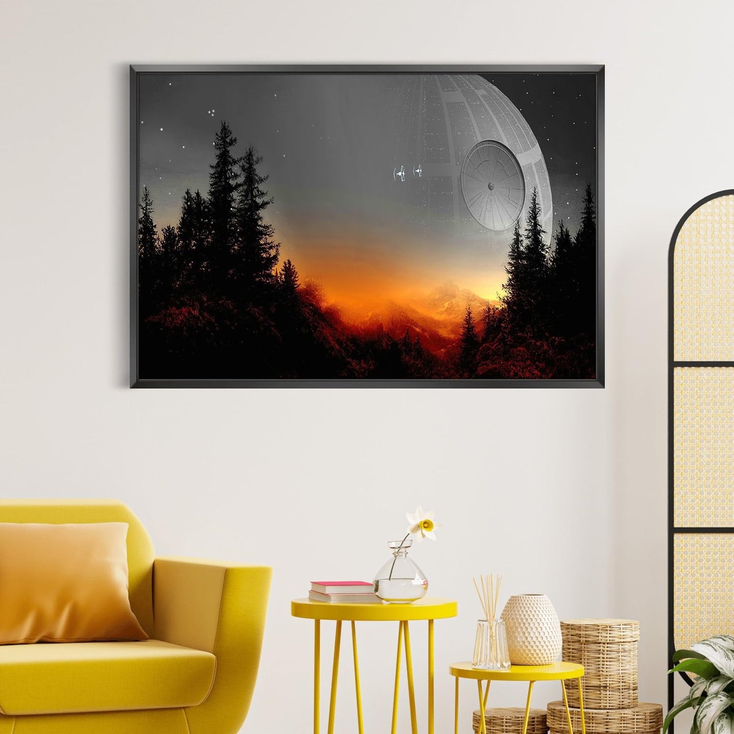 Death Star Inspired Canvas Print Wall Art | Futuristic Space Station Artwork | Smooth Surface Home Decor – Various Sizes (12in x 8in Modern Black Framed)