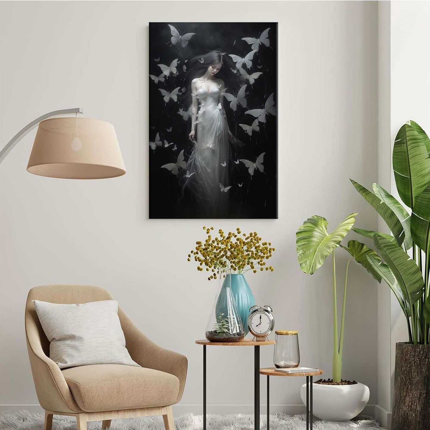 Vintage Gothic Feminine Canvas Wall Art Print Butterfly Poster Moody Female Wall Art Retro Artwork Dark College Decor for Home Bedroom28x40in Wood Framed