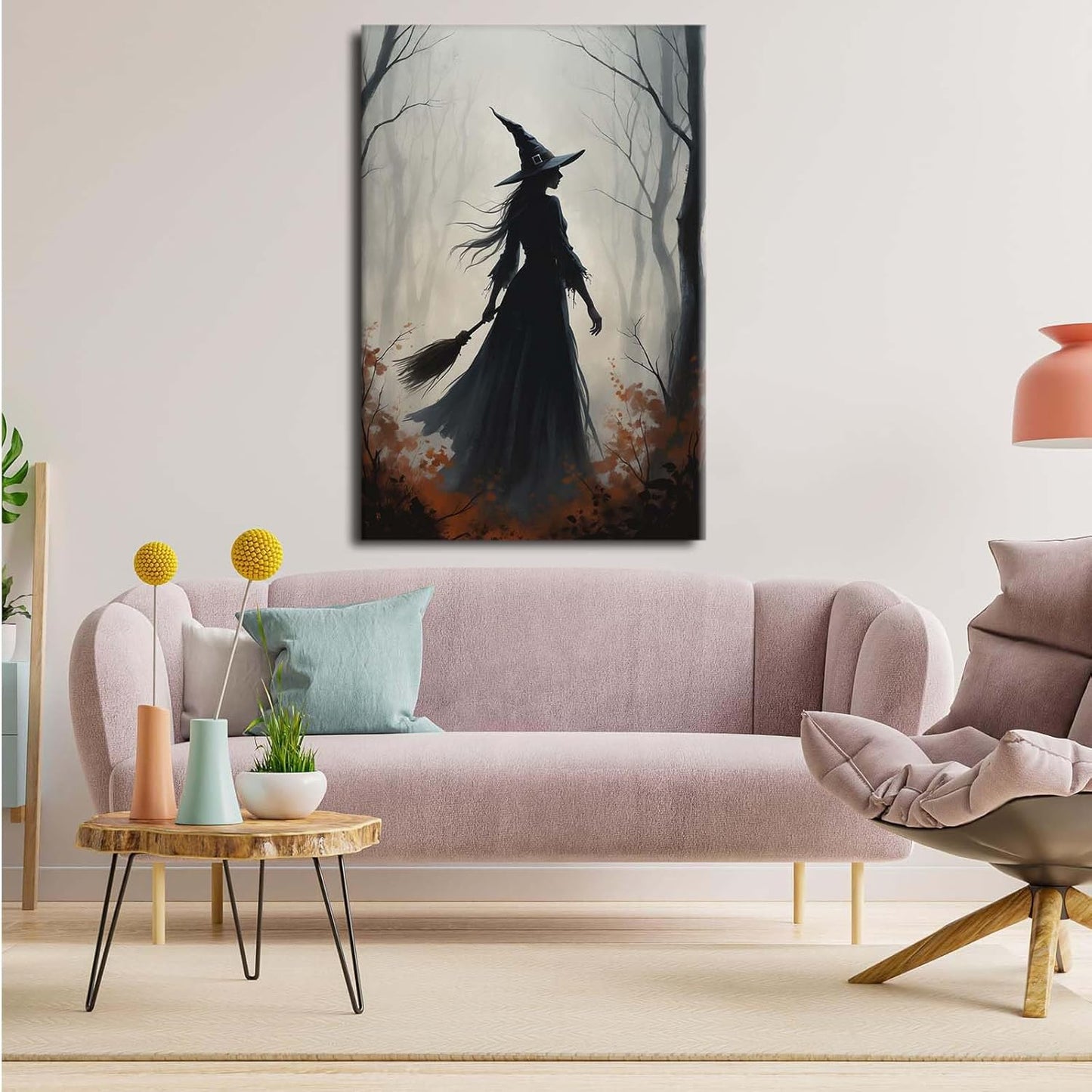 Vintage forest witch silhouette poster Halloween mural poster decoration mural art magic suitable for home living room bedroom20x30in Wood Framed