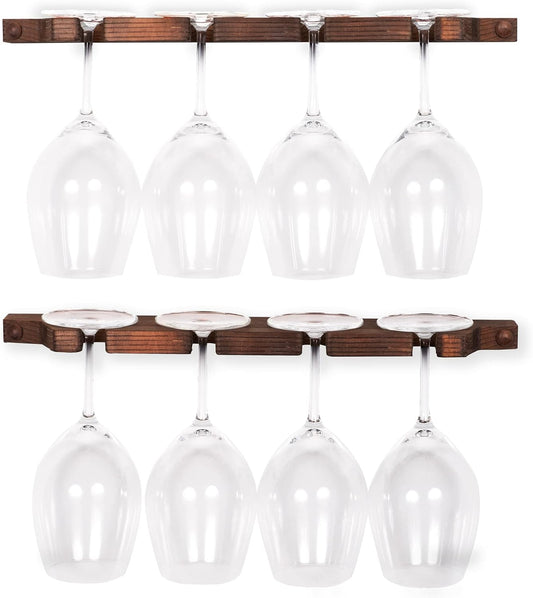 Rustic State Suvla Wall Mounted Wood Stemware Rack Hanging Shelf Glassware Holder Bar Organizer with 8 Wine Glass Storage 17 Inch Long Walnut
