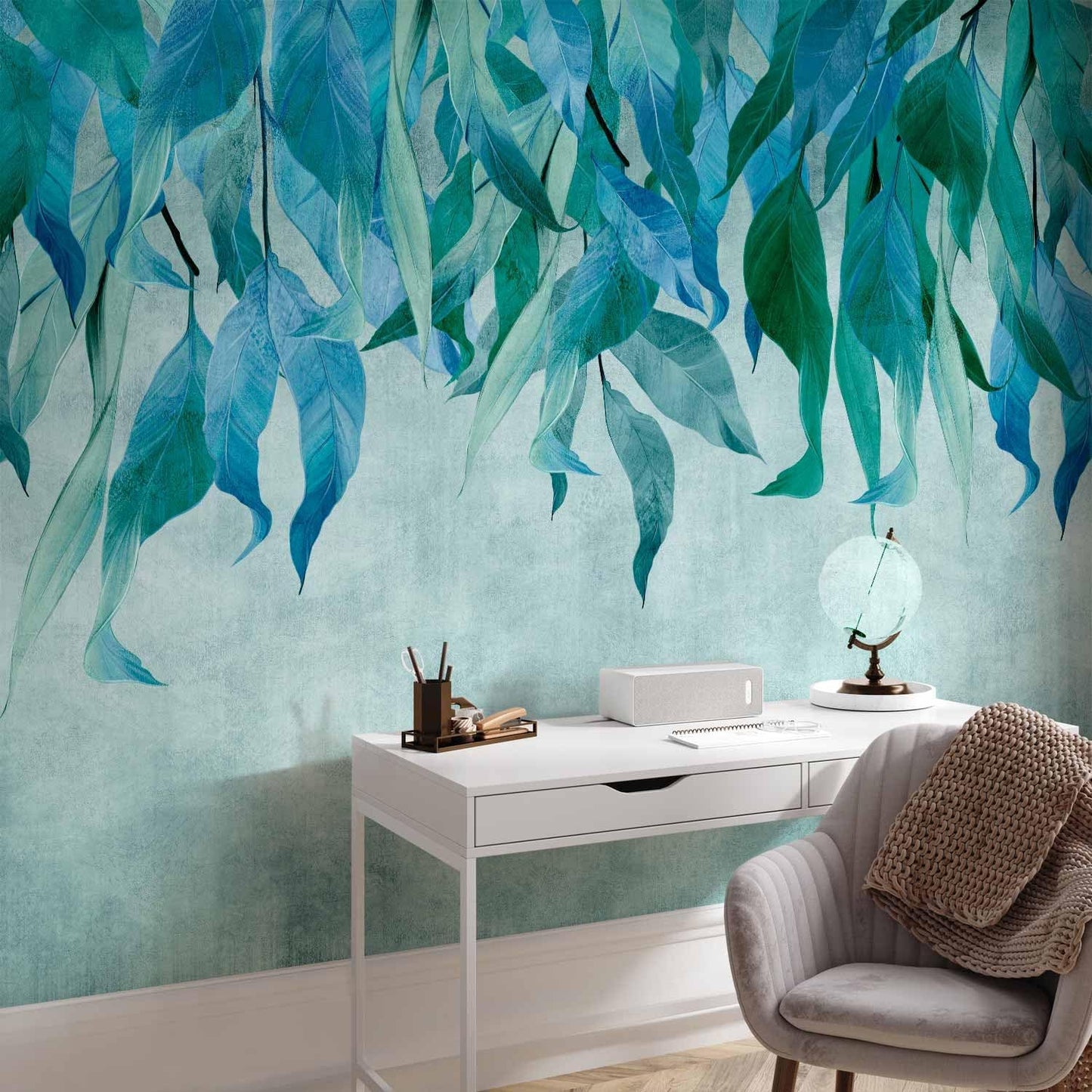 artgeist Wall Mural Hanging Leaves 118x83 in - Non-Woven Wallpaper Fleece Wall Decor Photo Print Picture Image Design Nature Botanical Concrete Green Blue b-C-10146-a-b