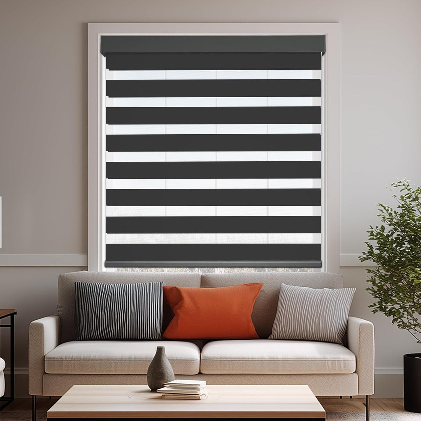 HESTIA Cordless Zebra Blinds Light Filtering Roller Shades UV Blocking Blackout Privacy Indoor Window Shades for Home Office Day and Night, Black,50" W x 48" H