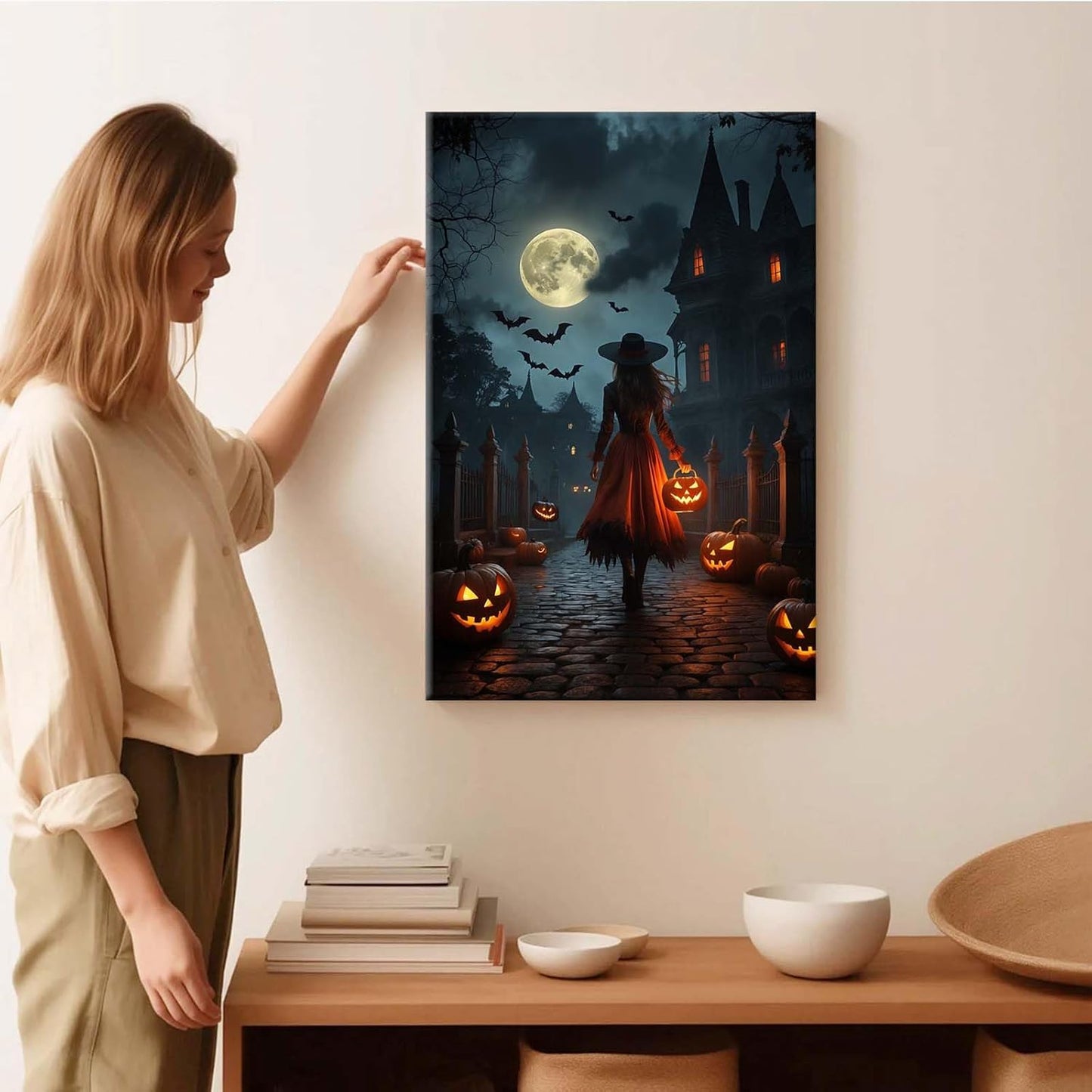 JFHCQJPK Halloween theme poster moonlit autumn night witch vintage poster art print dark college style gothic painting canvas wall decoration bedroom living room ideal gift16x24in Frameless
