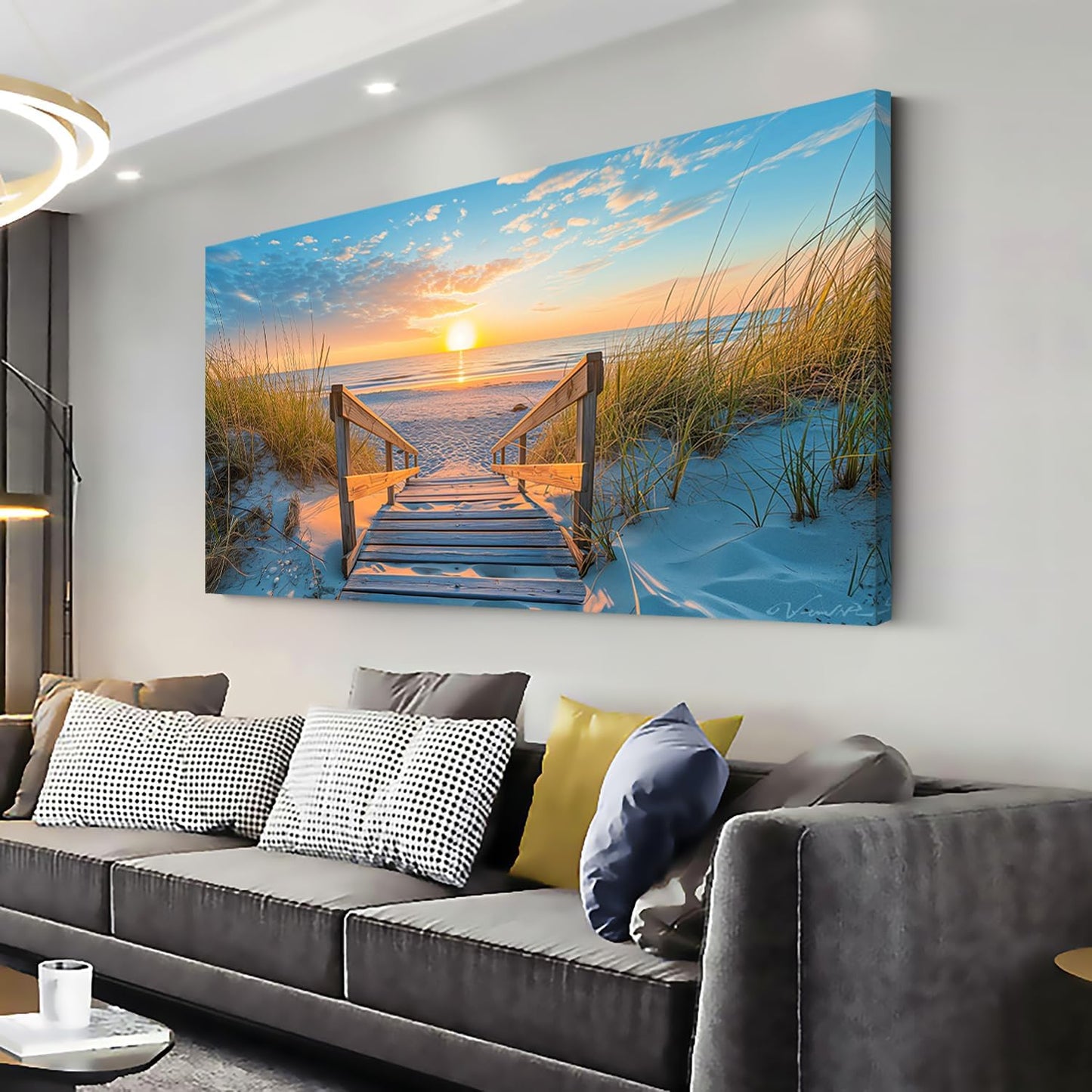 LASMOND Beautiful White Sandy Beach Pier by Seaside at Sunset Landscape Wall Art Decor Artwork for Bedroom Living Room (58x28Inches)