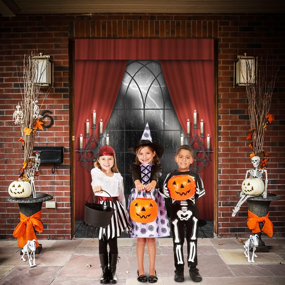 Renaiss 6x8ft Vintage Gothic Window Backdrop Red Curtain Candlestick Black Floor Lightning Stormy Sky Vampire Medieval Castle Photography Background Halloween Dress Up Party Decors Photo Booth Props