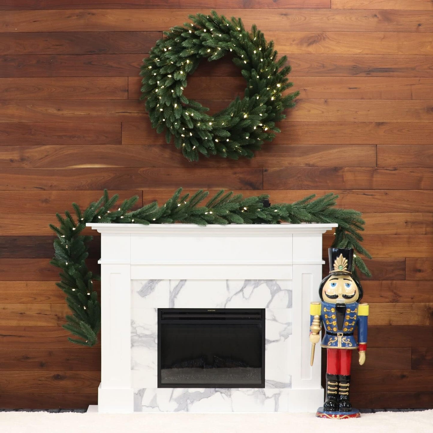 Fraser Hill Farm 36-in. Green Fir Wreath Warm White LED Lights | Battery Operated | Festive Christmas Holiday Decorations | Indoor Hanging Decor for Doors, Fireplace Mantels | FFGF036WR-5GR