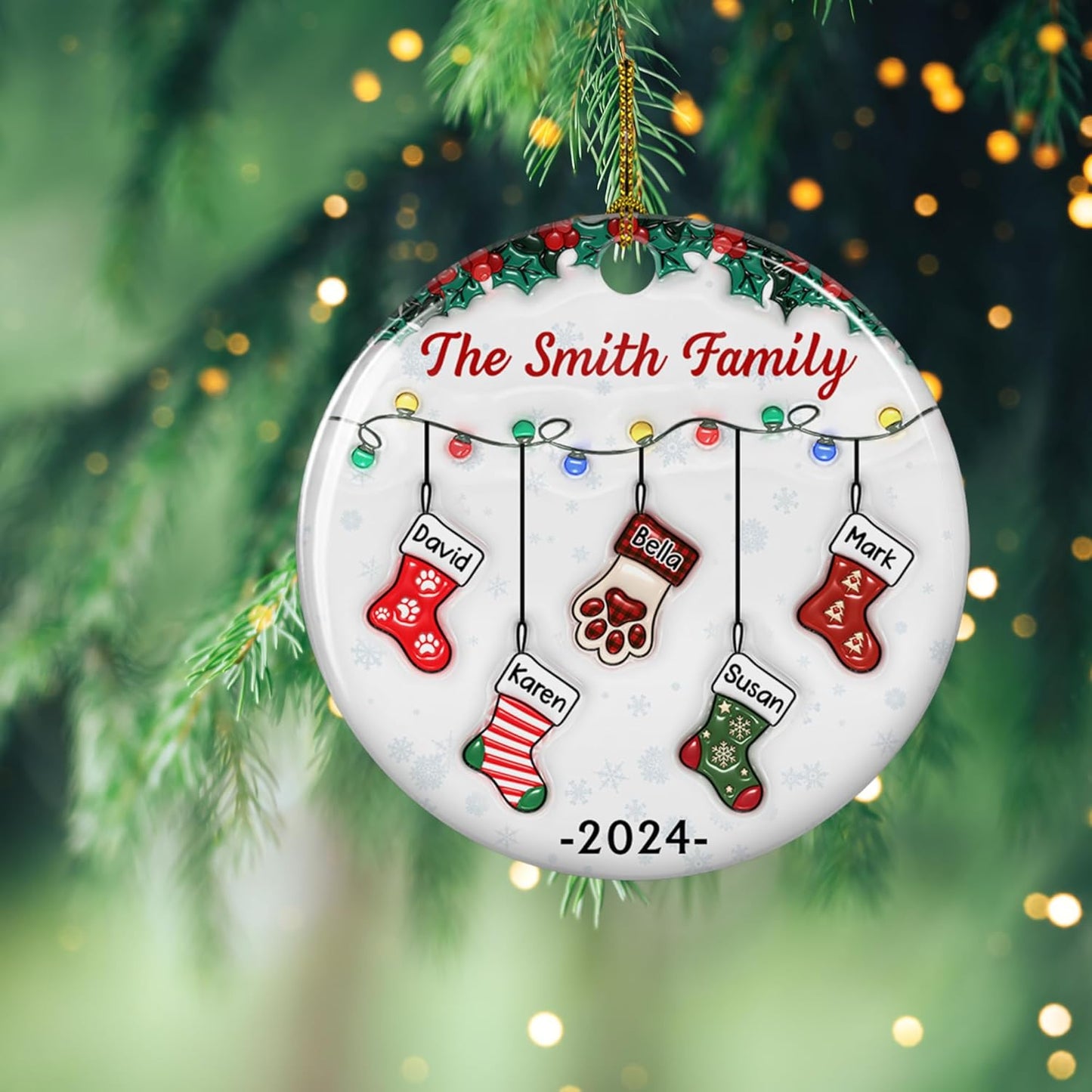 Stocking Personalized Family Christmas Ceramic Ornament 2025-3D Inflated Effect Custom Name Hanging Stock up to 10 Members, First Xmas as A Family Ornament Gifts (A04, 6 Names)