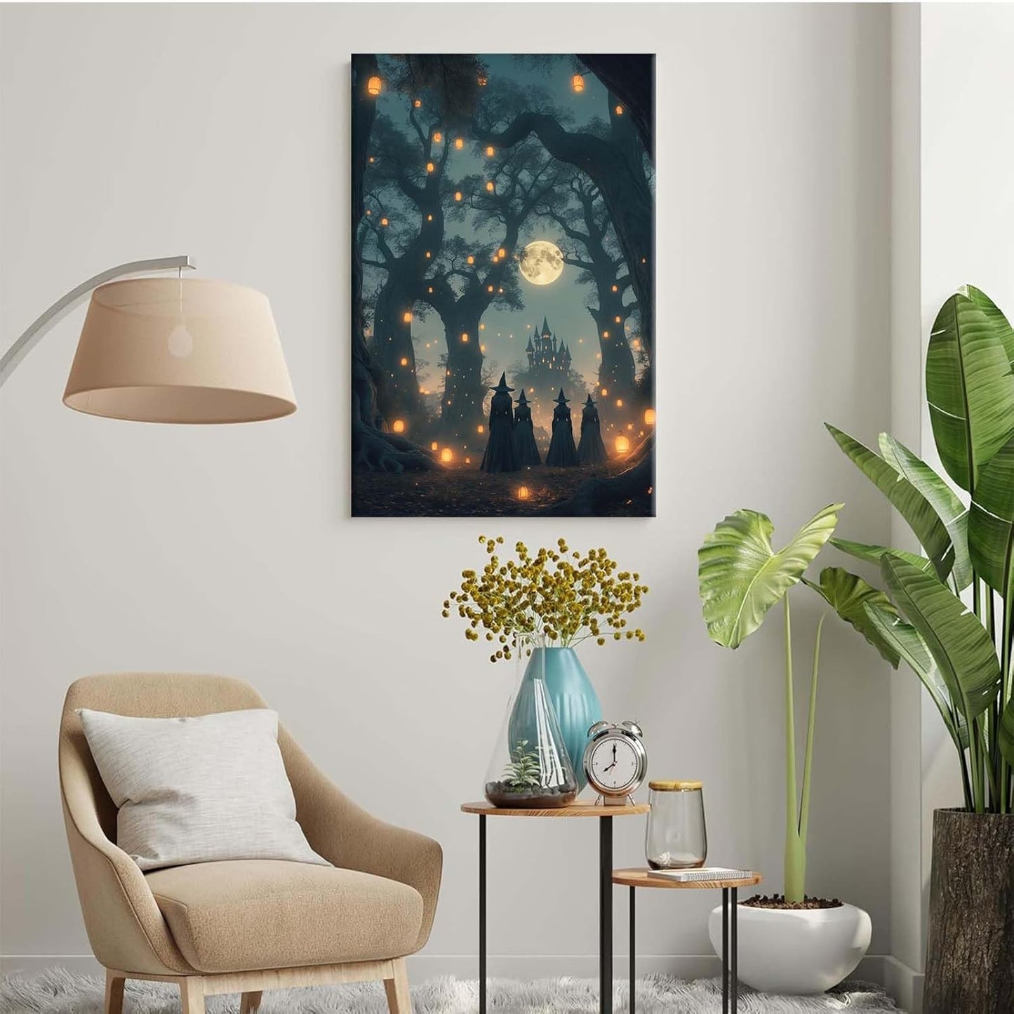 Mysterious creek painting witch and castle in magic forest art print canvas gothic print dark college decoration poster for home bedroom24x36in Wood Framed