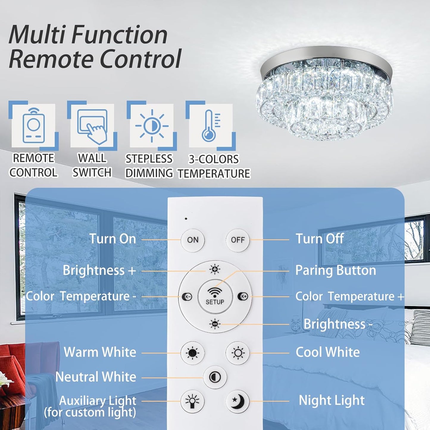 11.8" LED Chandelier 2-Layer Crystal Ceiling Light Fixture with Remote Control Flush Mount Chandelier Light for Hallway Bedroom Living Room Kitchen Foyer(dimmable)