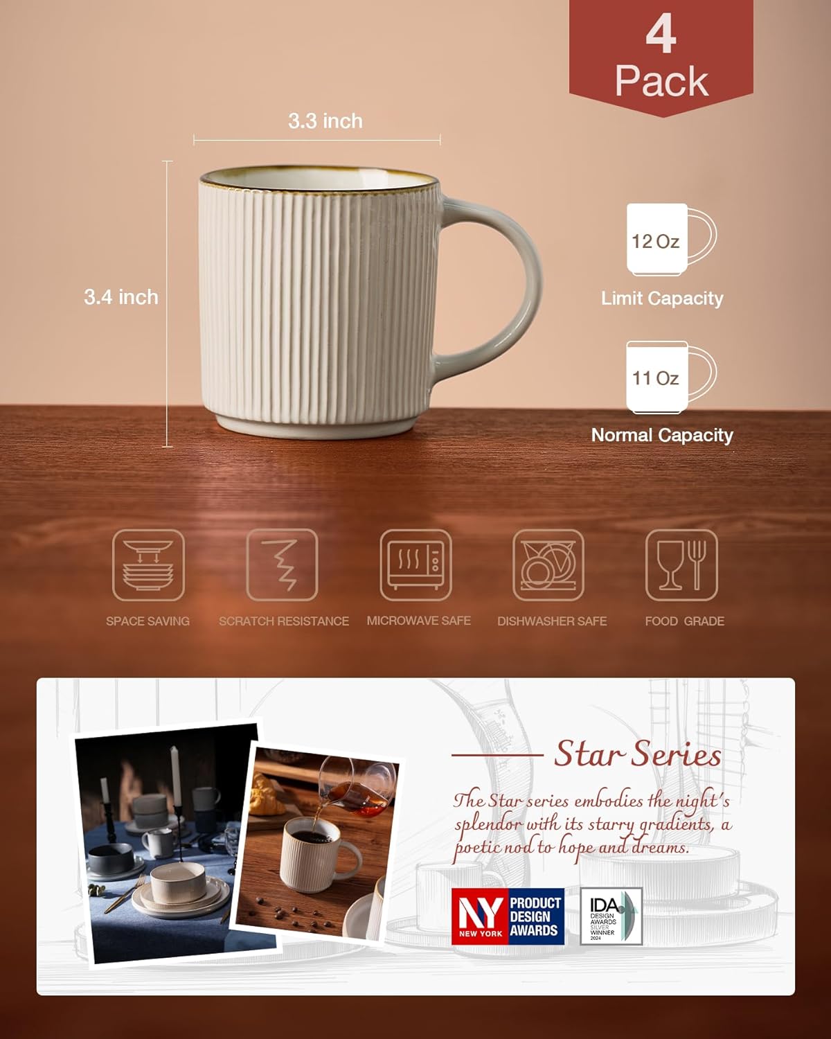 famiware Coffee Mug Set for 4, Star 12 oz Catering Mugs Cup Set with Handle for Coffee, Tea, Cocoa, Milk - Ceramic Stoneware Drinkware Set, White