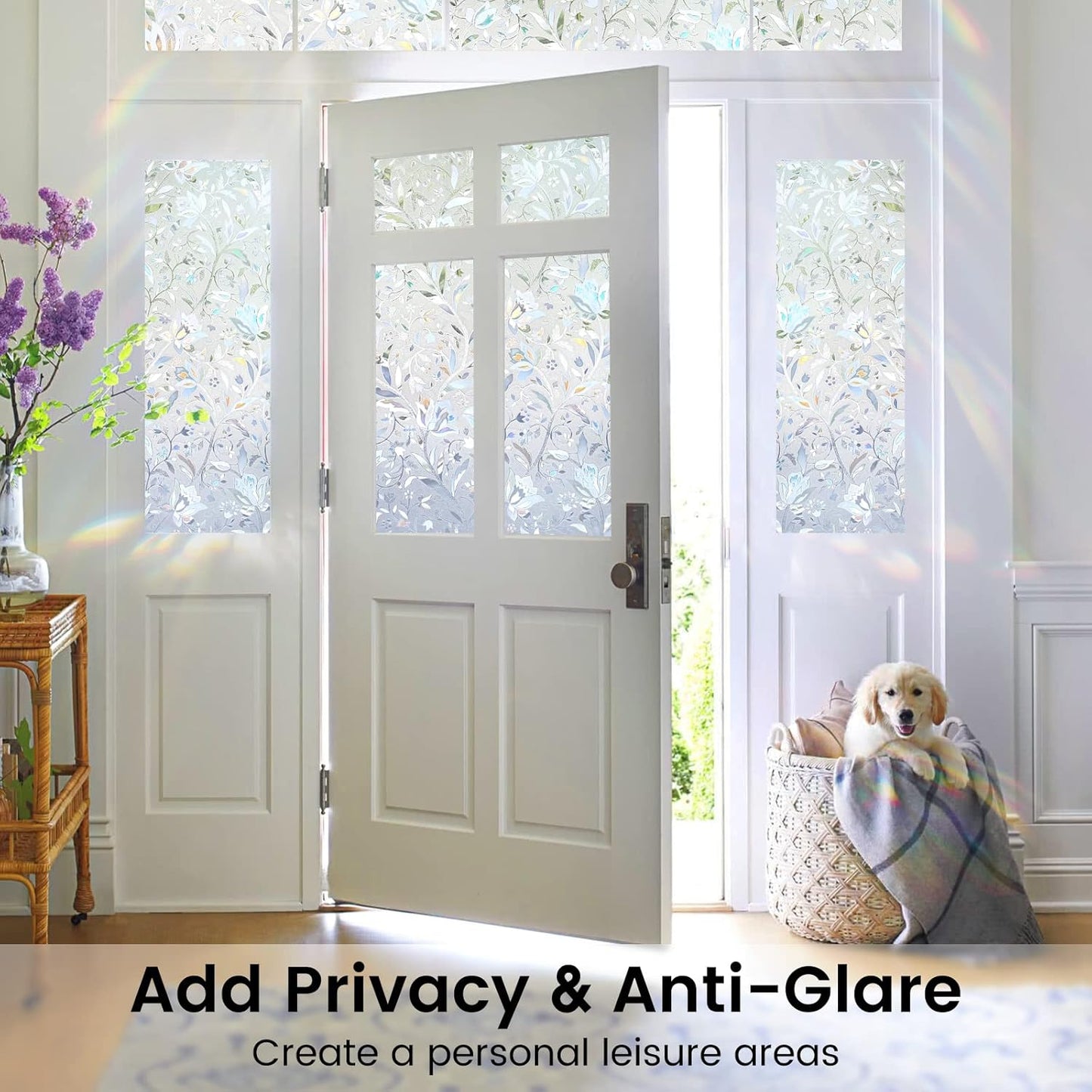 DOWELL Window Privacy Film, 3D Stained Glass Rainbow Films, Decorative Window Vinyl Sun Blocker Door Covering, Static Cling Non-Adhesive Glass Sticker for Home, Blooming Flowers, 35.4"x157.4"