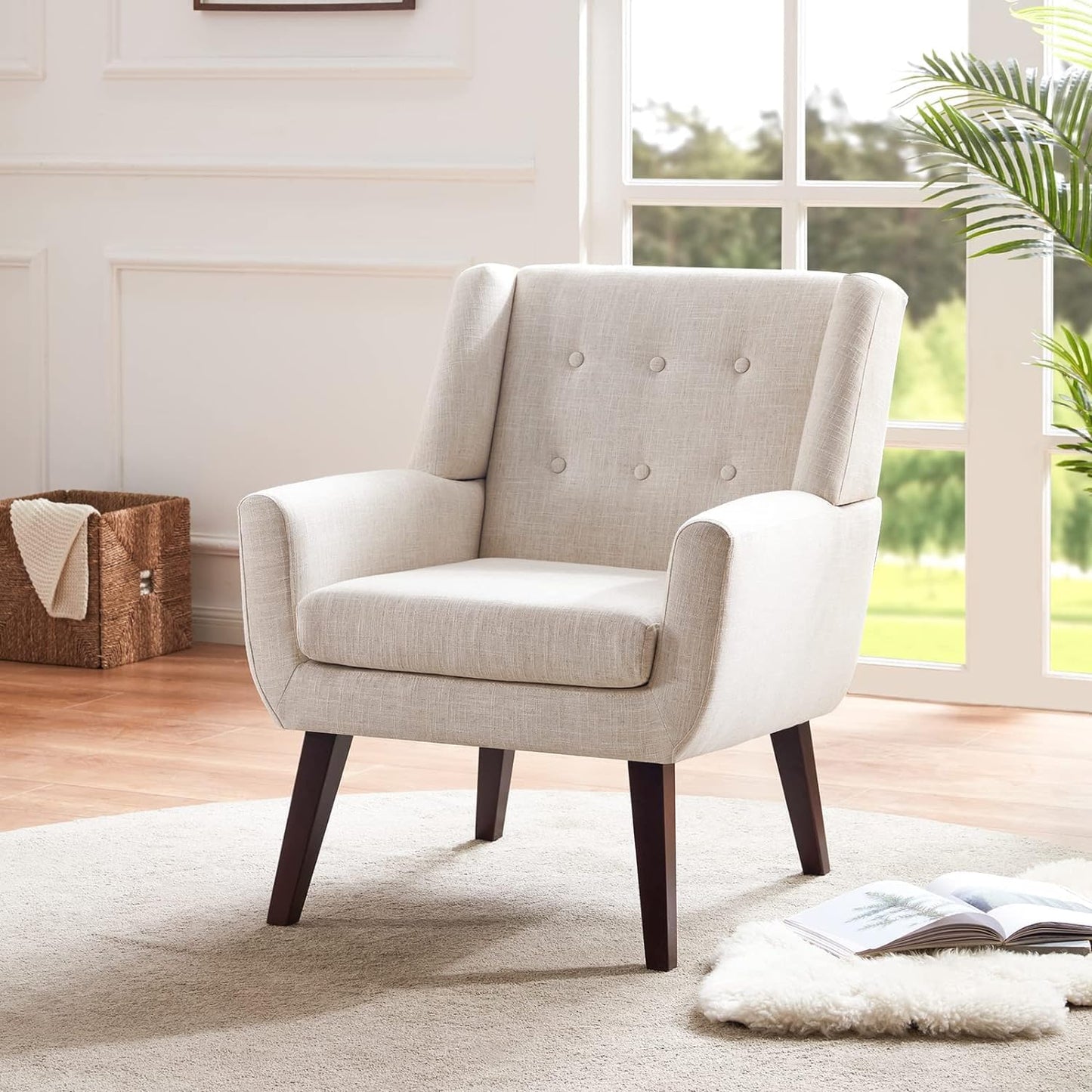 HUIMO Accent Chair Living Room Chair, Upholstered Button Tufted Armchair, Linen Fabric Sofa Chairs for Bedroom, Living Room, Mid-Century Modern Comfy Reading Chair (Beige)