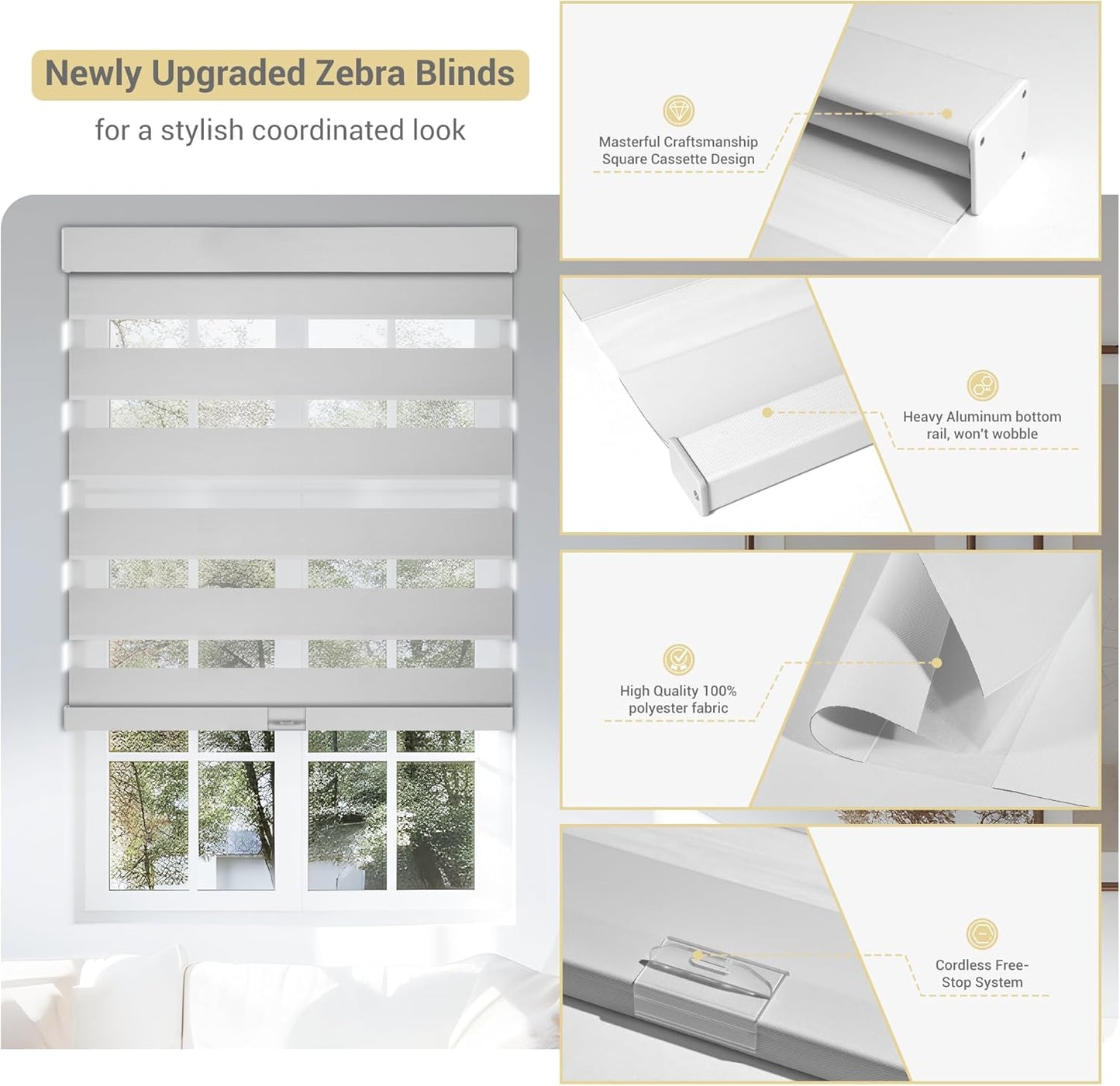 Cordless Zebra Blinds for Windows, Blackout Interior Blinds,Easy to Install,UV Protection,for Offices and Home,Custom Roller Shades, Solid White, 72" W x 72" H