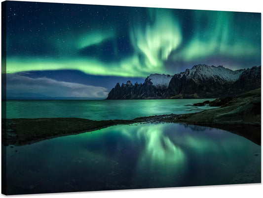 Aurora Borealis Wall Art Painting for Office Bedroom Scenery Landscape Canvas Print Framed Picture Northern Lights Poster Artwork Ready to Hang (24.00"x36.00")