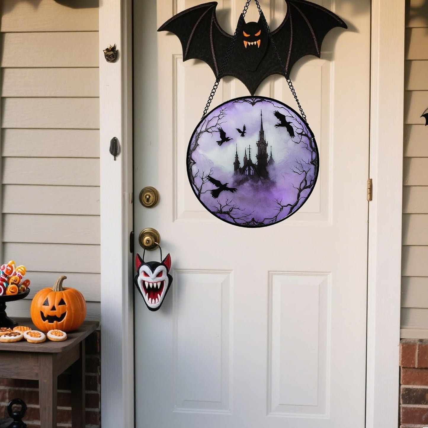 Stained Glass Window Hanging - Halloween Gothic Castle Purple Smoke Suncatcher for Doors Garden Home Spooky Crow Sun Catchers Gothic Decor Horror Gift for Women Men Friend Boy Girl 6.3 in