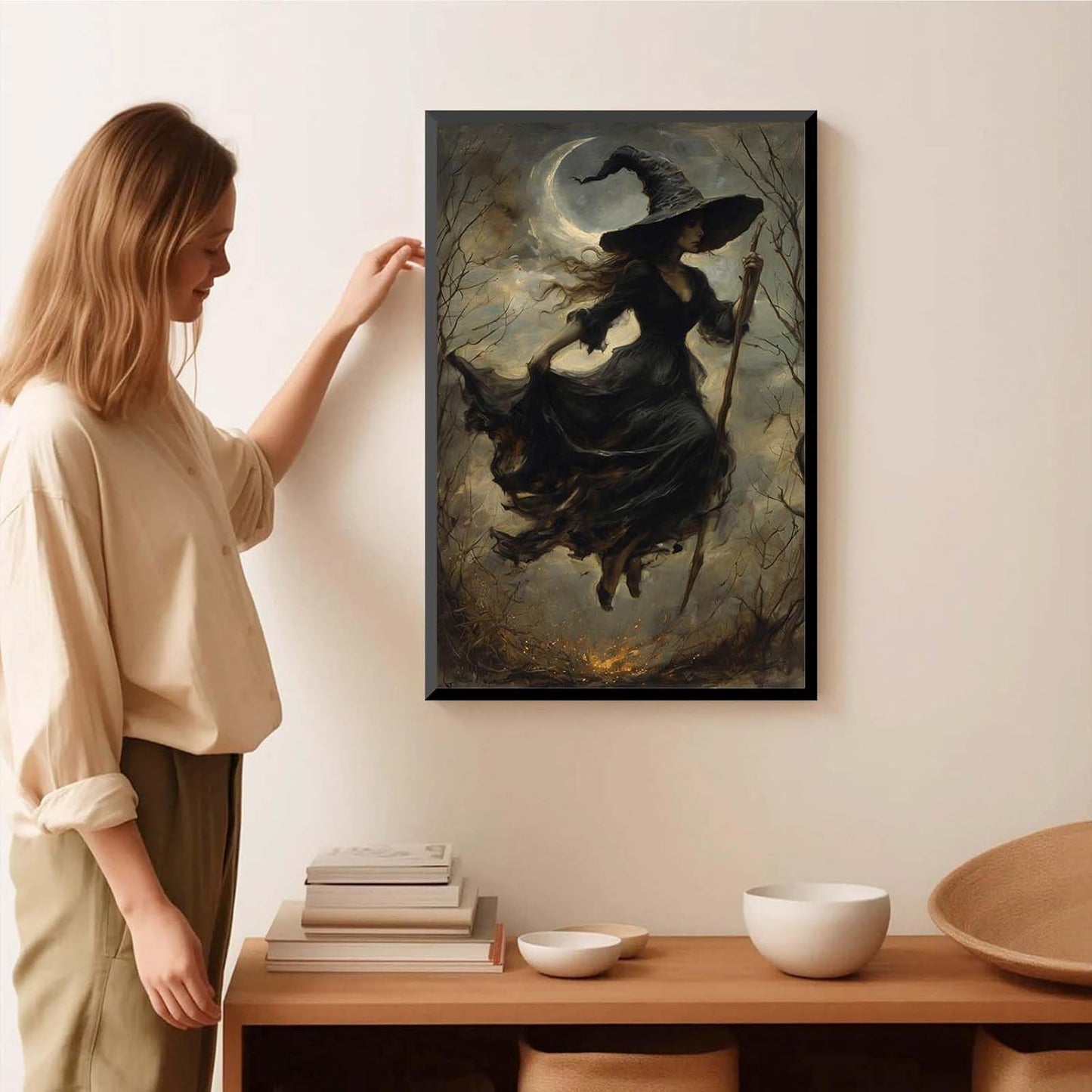 JFHCQJPK Witch in the Forest Halloween Print Wall Art Poster Witch Decor Vintage Print Dark College Wall Art Victorian Gothic Room Decor Canvas Wall Print12x16in Metal blackFramed