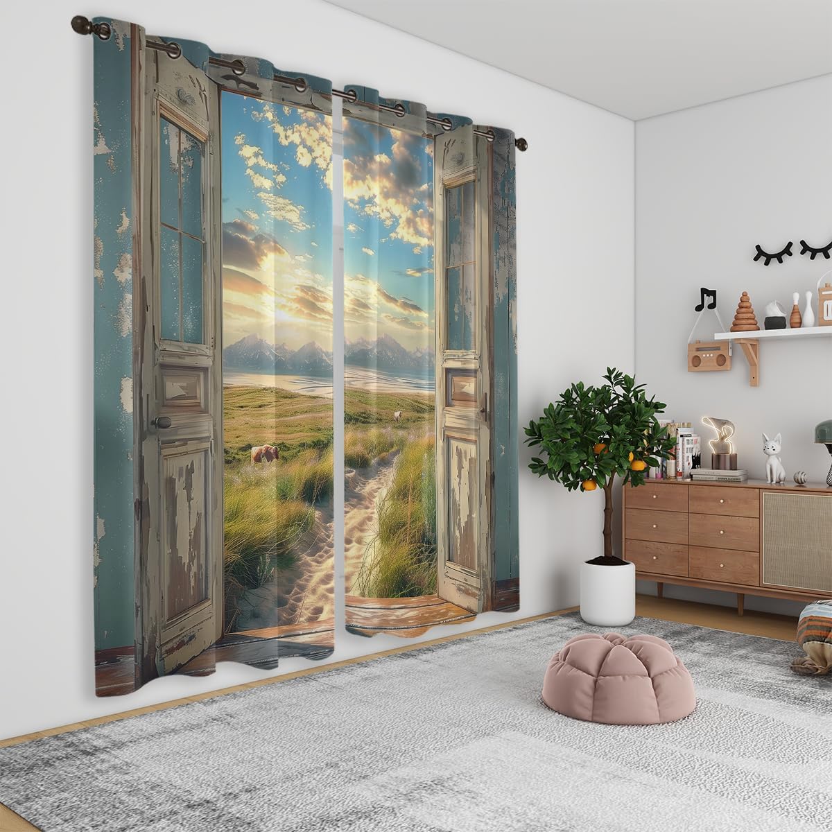 Landscape Blackout Curtains for Girls Boys Home Decor, Cow Sunset Grassland Mountain Natural Scenery Grommet Thermal Insulated Drapes Darkening Window Curtain for Bedroom Living Room, 72 x 63 Inch