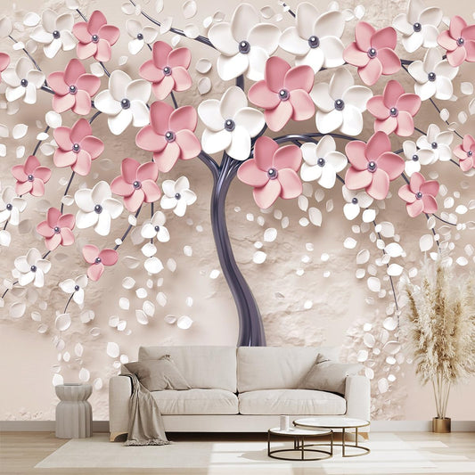 3D Relief Abstraction Pink Flowers Tree Mural Bedroom Floral Wallpaper Room Decor Living Room tv Background Large Wall Mural - 160"x108" (Not Peel and Stick)