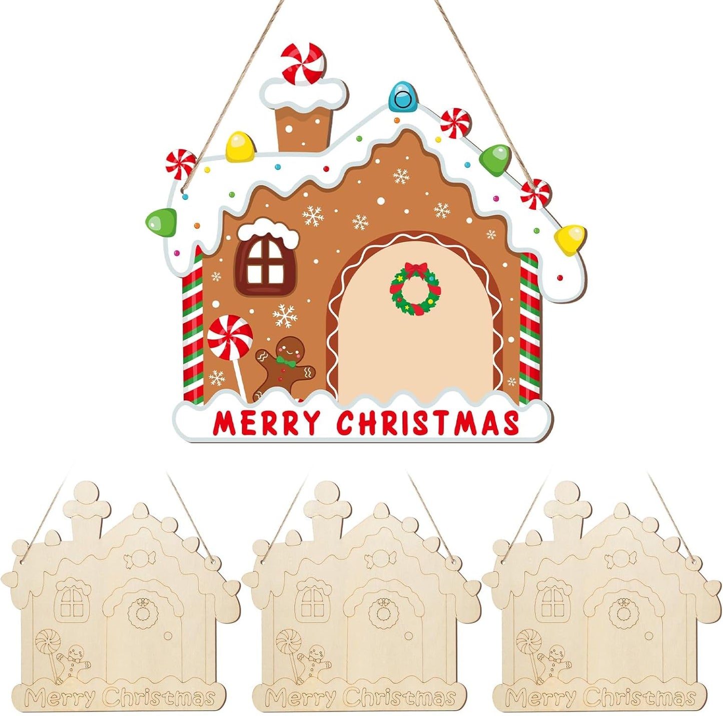 Paintable Christmas Ornaments 3 Sets, Wooden Ornaments to Paint, Unfinished Christmas Tree Wreaths Wood Crafts for Painting, Wood Cutouts DIY Xmas Ornament for Front Door Decor (House