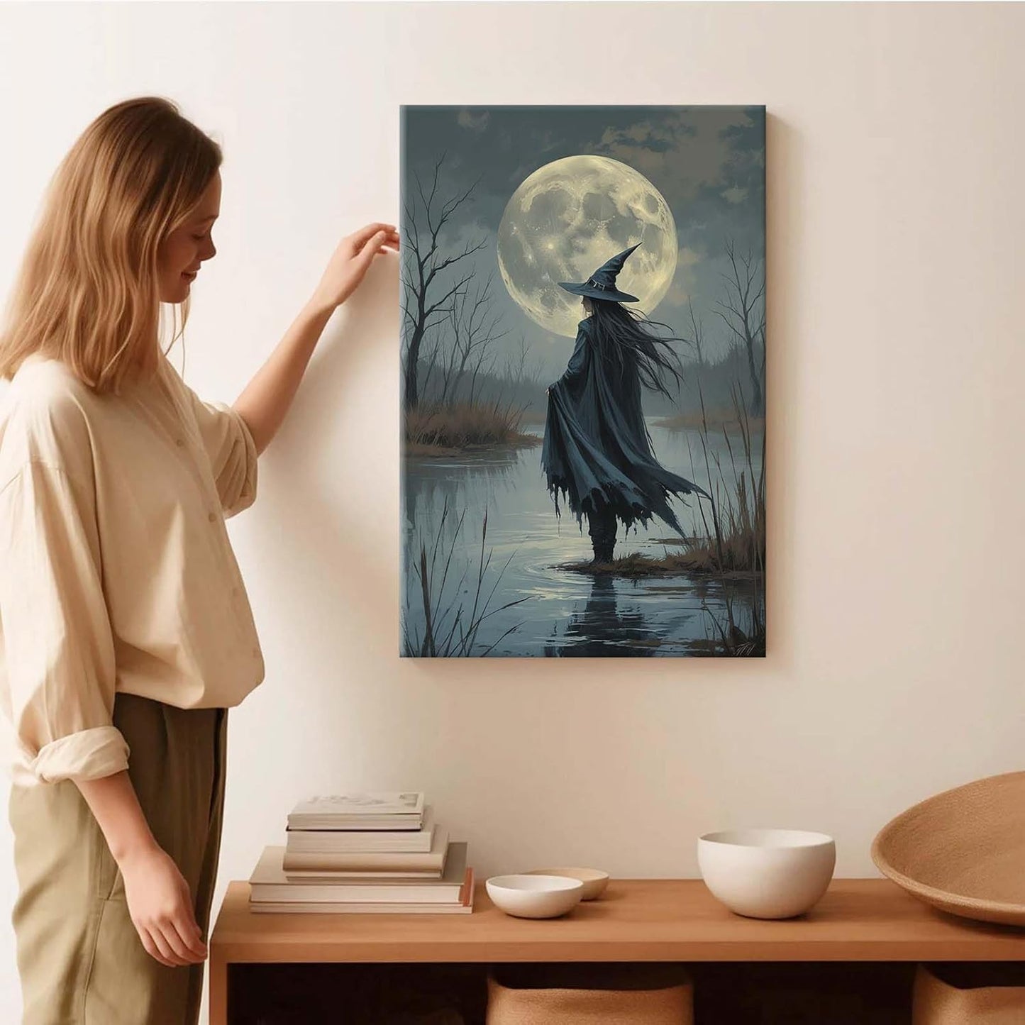 Witch in the moonlight magic canvas wall art enchanting Halloween home decor swamp witch silhouette oil painting mysterious gothic aesthetic wall decor print poster24x36in Wood Framed