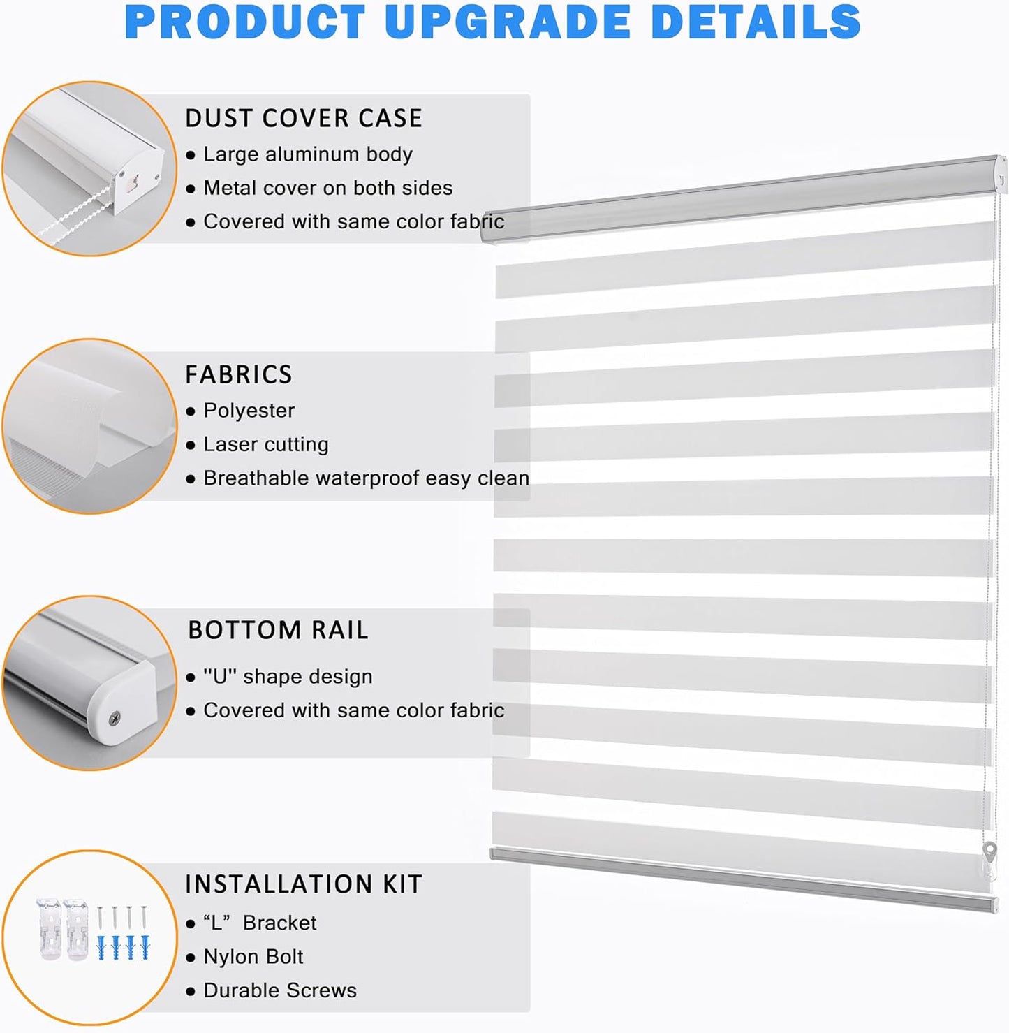 Zebra Blinds for Windows Dual Layer Light Filtering Privacy Free-Stop Sheer Shades Light Control for Indoor Windows Zebra Shades for Living Room(44" W X 72" H, White)