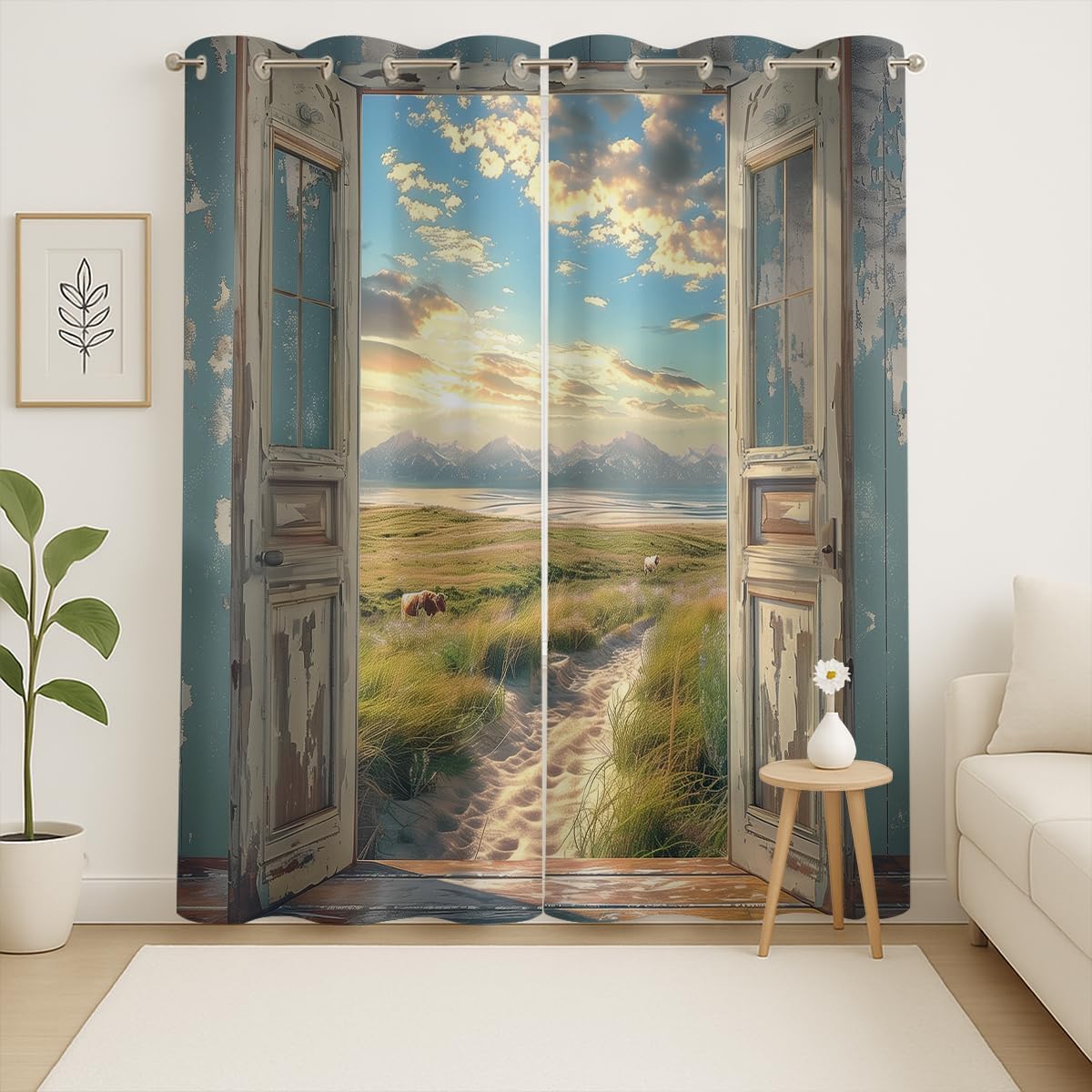 Landscape Blackout Curtains for Girls Boys Home Decor, Cow Sunset Grassland Mountain Natural Scenery Grommet Thermal Insulated Drapes Darkening Window Curtain for Bedroom Living Room, 55 x 63 Inch