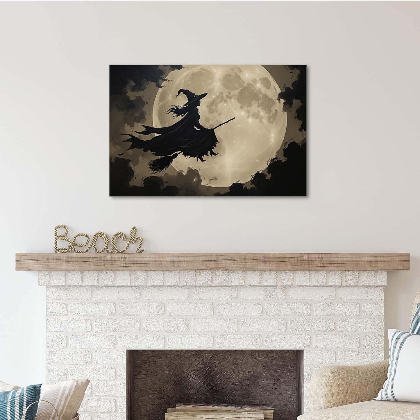 JFHCQJPK Full moon witch silhouette poster witch on magic broom Halloween mural poster decorative mural art suitable for home living room bedroom28x40in Frameless