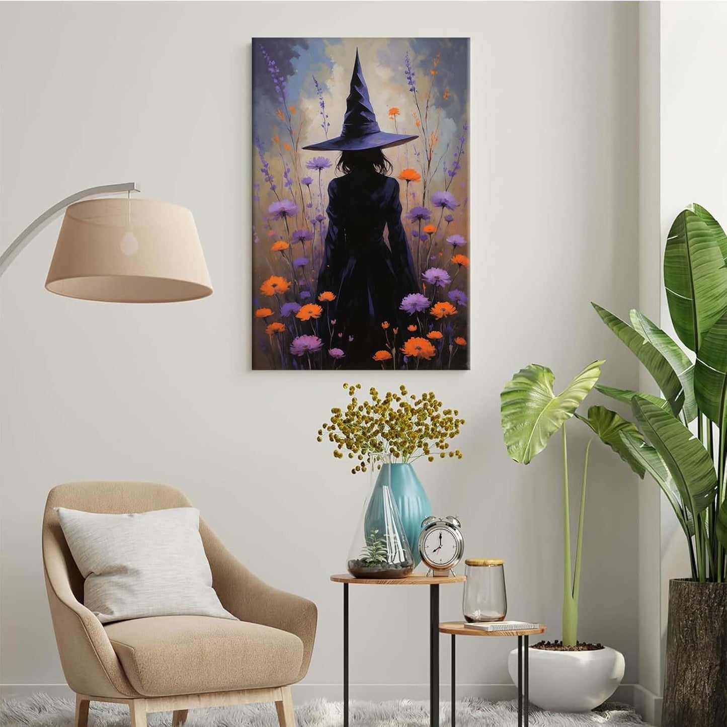 JFHCQJPK Country wildflower witch canvas print halloween mashup art witch purple decoration bohemian elegant art poster8x12in Frameless