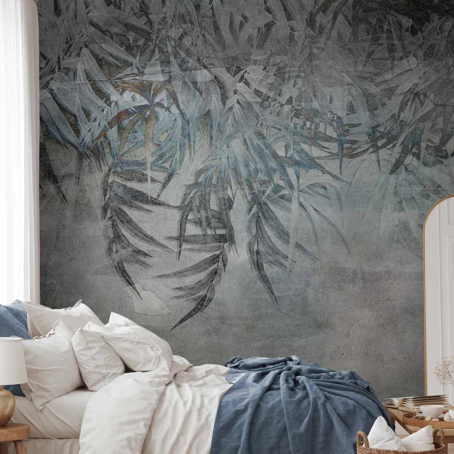 artgeist Wall Mural Leaves 138x101 in - XXL Non-Woven Wallpaper Fleece Wall Decor Photo Print Picture Image Design Palm Leaves Concrete Nature Grey b-C-10103-a-a