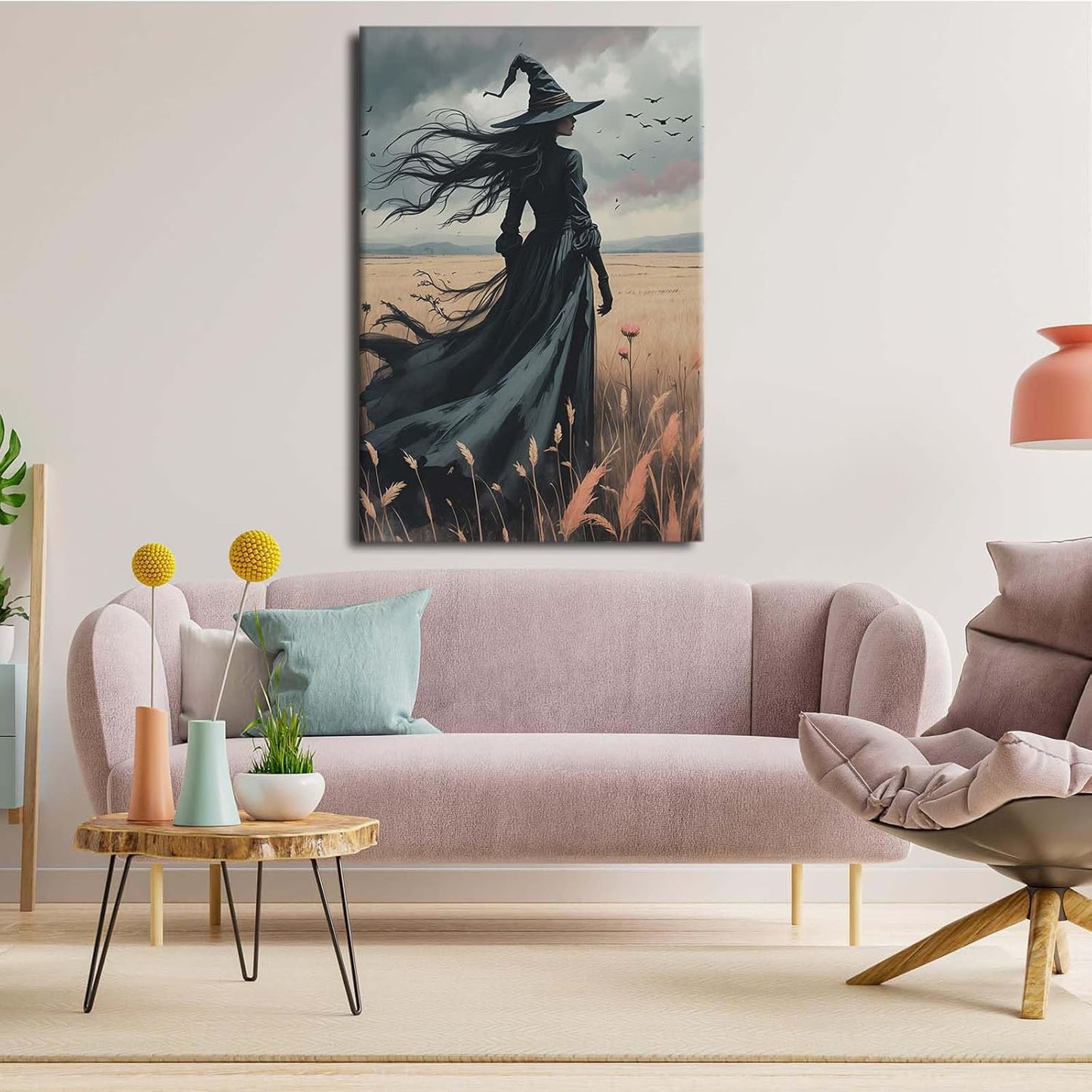 JFHCQJPK Gothic Decor Canvas Wall Art Witch in Rice Field Halloween Art Decor Print Nature Print Victorian Home Bedroom32x48in Frameless