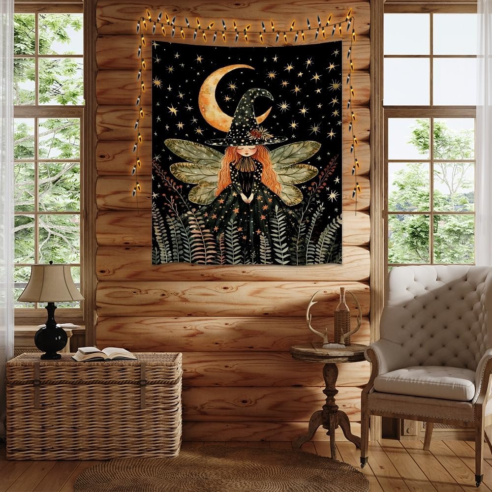 Dark Academia Witch Fairy Tapestry Wall Hanging Magical Moon Starry Night Art Print Halloween Witchy Artwork Aesthetic Wall Tapestries for Girls Bedroom Living Room Dorm Decoration 70x90inch