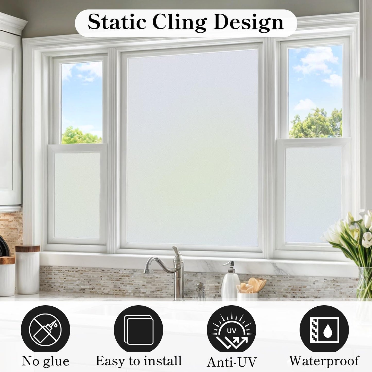 DUOFIRE Privacy Window Film Frosted Glass Film Matte White Static Cling Glass Film No Glue Anti-UV Window Sticker Non Adhesive for Privacy Office Meeting Room Bathroom Living Room DS001W 47.2x78.7in